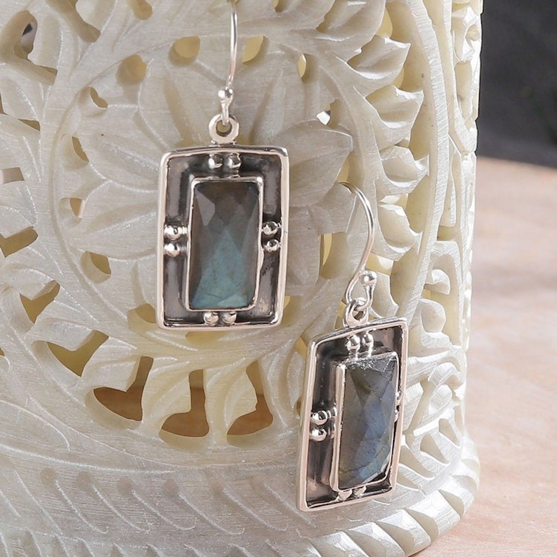 Indian-Made Natural 5-Carat Labradorite Dangle Earrings 'Luxurious Transformation'