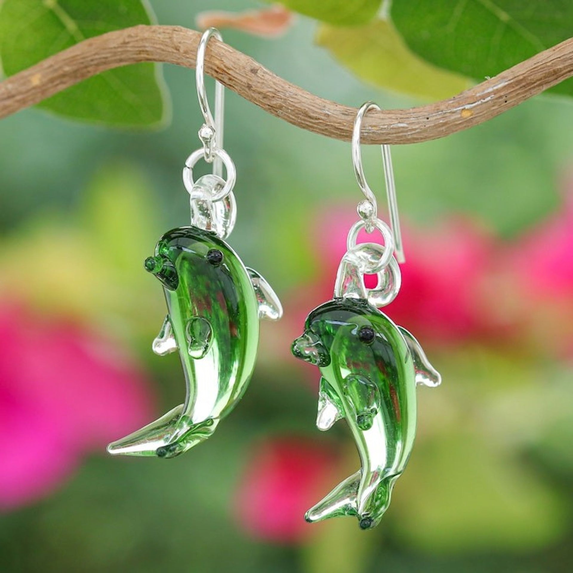 Handblown Dolphin-Shaped Glass Dangle Earrings in Green 'Dolphin Vitality'