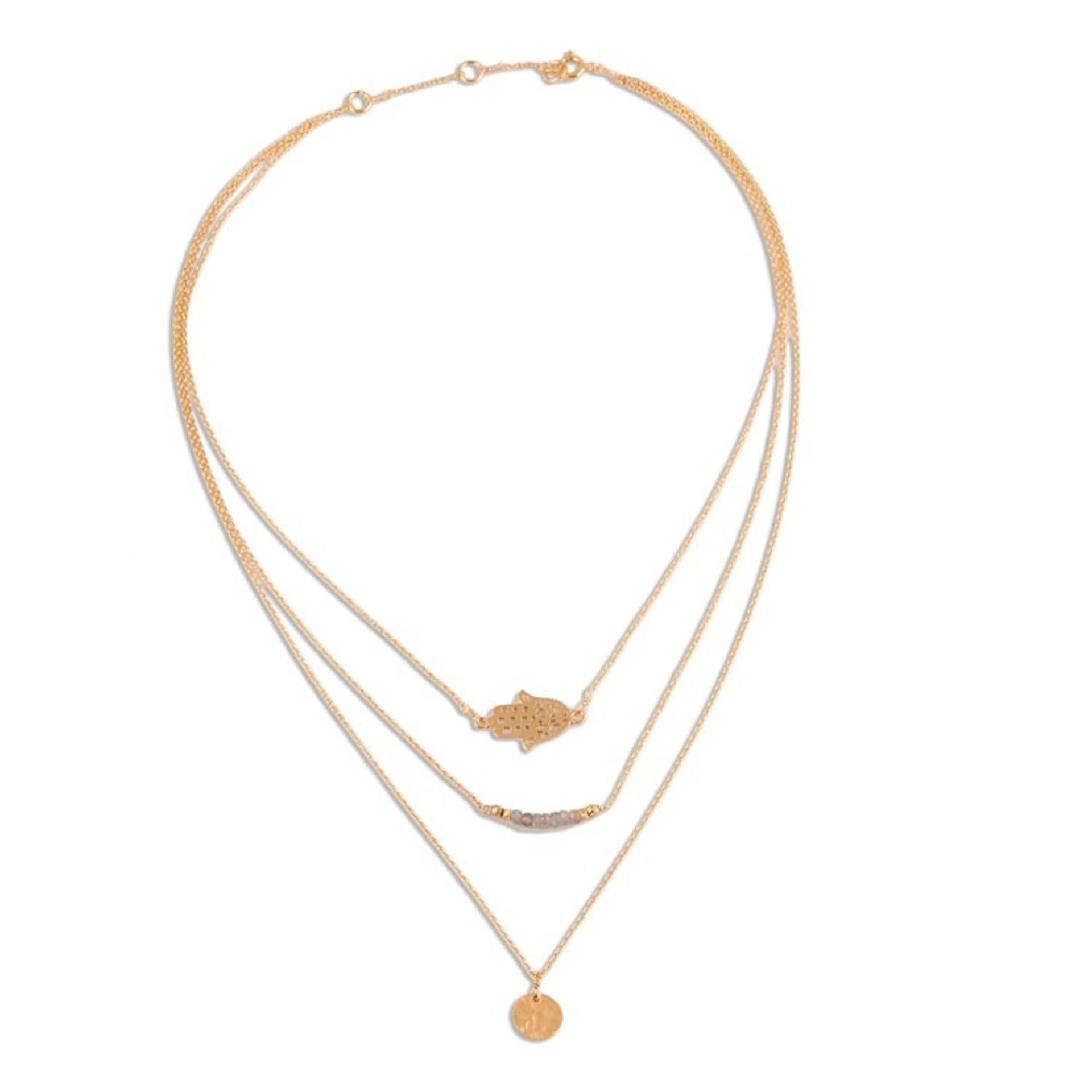 Gold Plated Labradorite Hamsa Pendant Necklace from India 'Hamsa Protection'