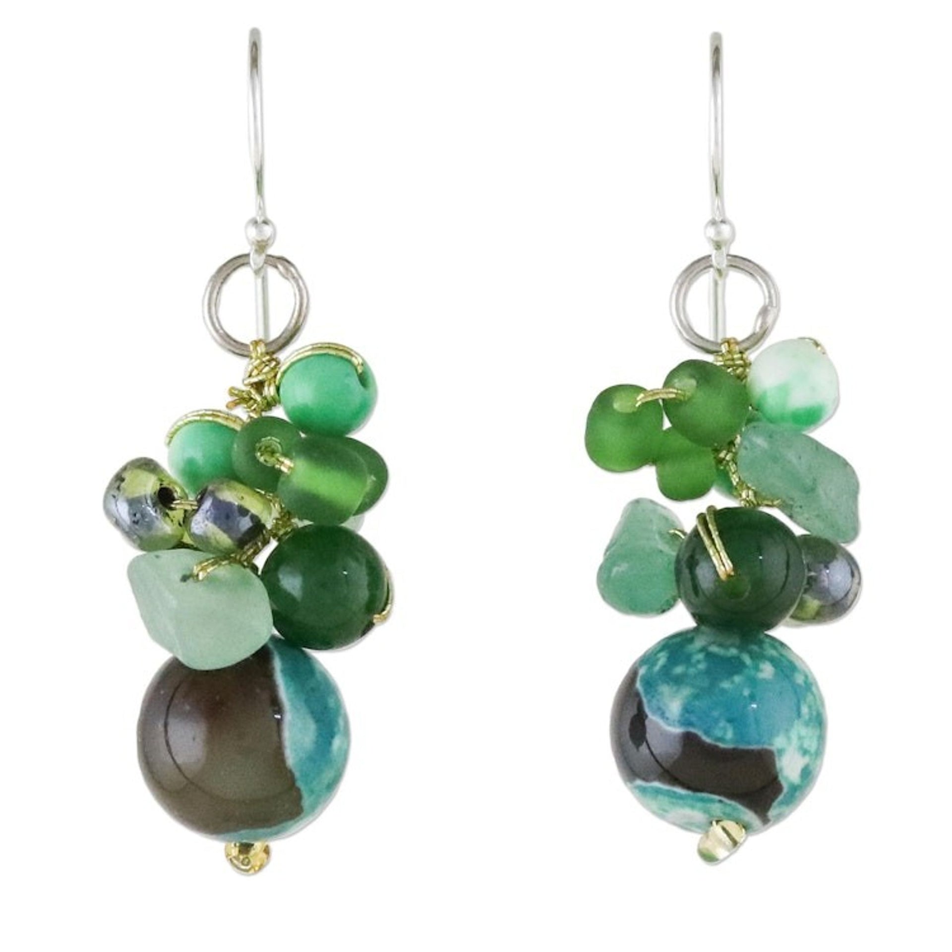Green Quartz and Glass Bead Dangle Earrings from Thailand 'Lovely Blend in Green'
