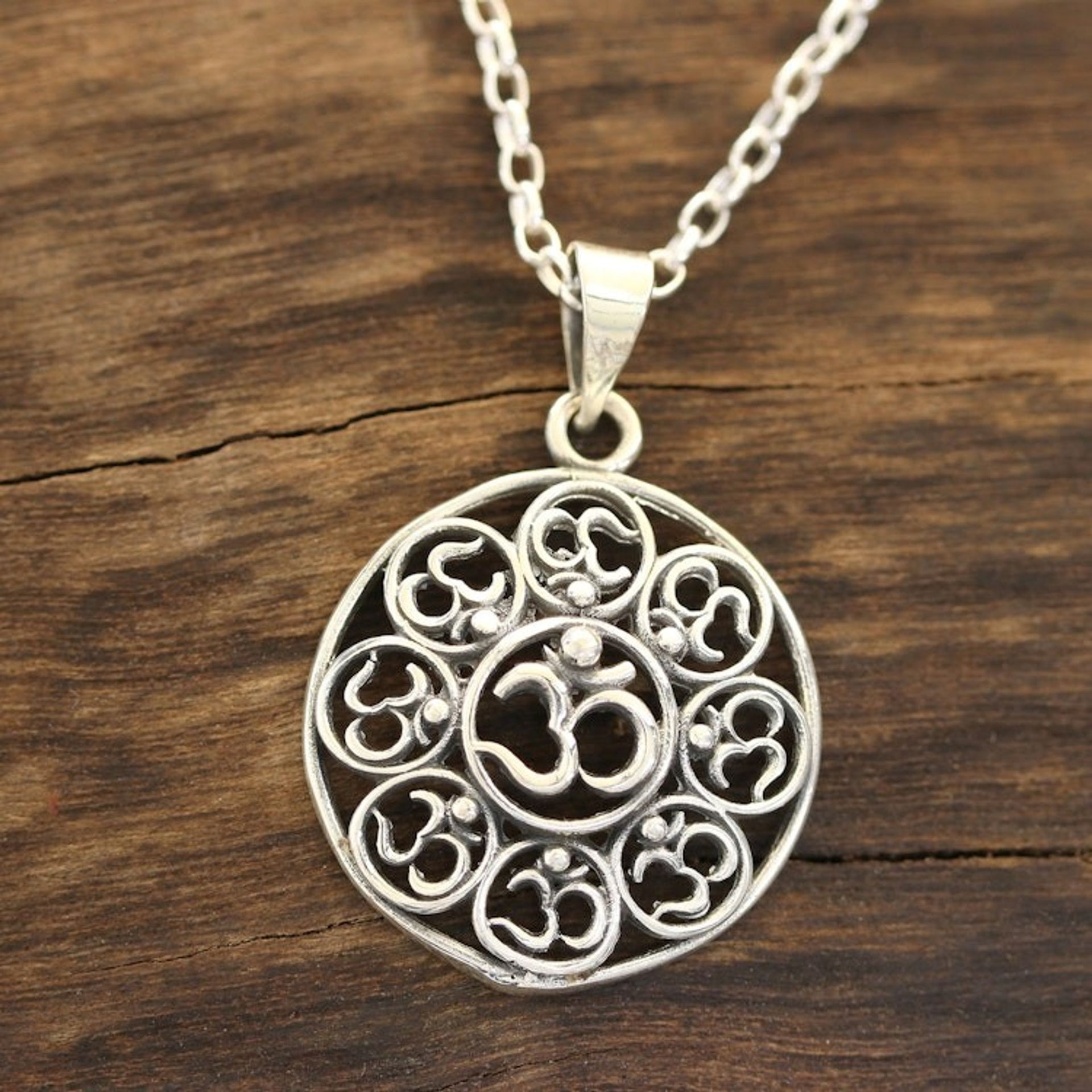 Om Motif Sterling Silver Pendant Necklace from India 'Eternal Peace'
