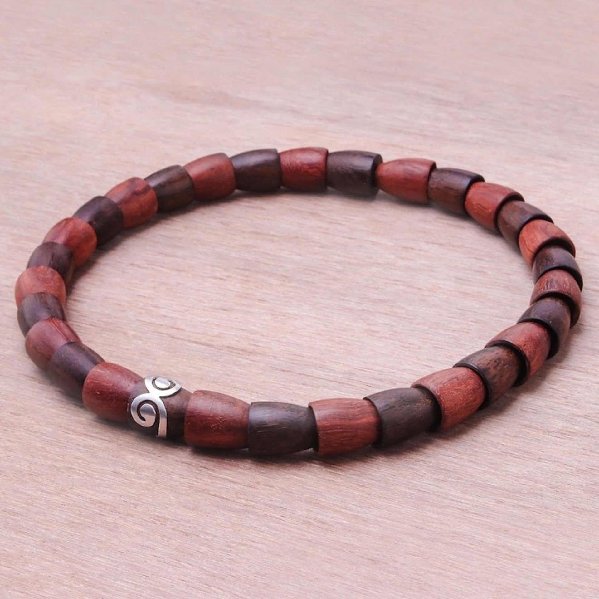 Wood and Sterling Silver Beaded Stretch Necklace 'Spiral Bangle'