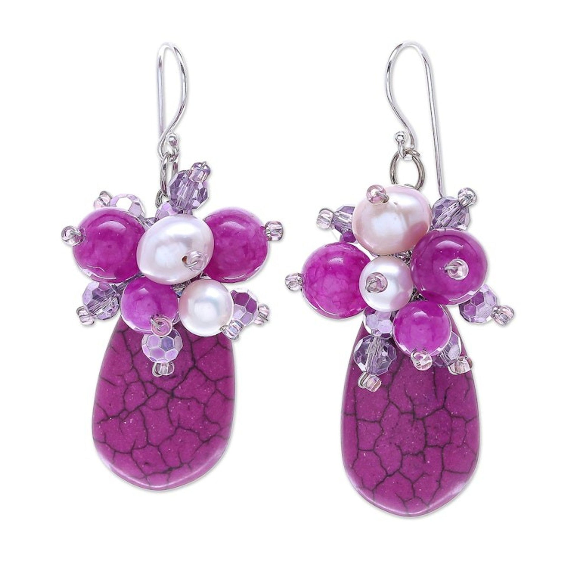 Handmade Howlite and Cultured Pearl Dangle Earrings 'Space Candy in Fuchsia'