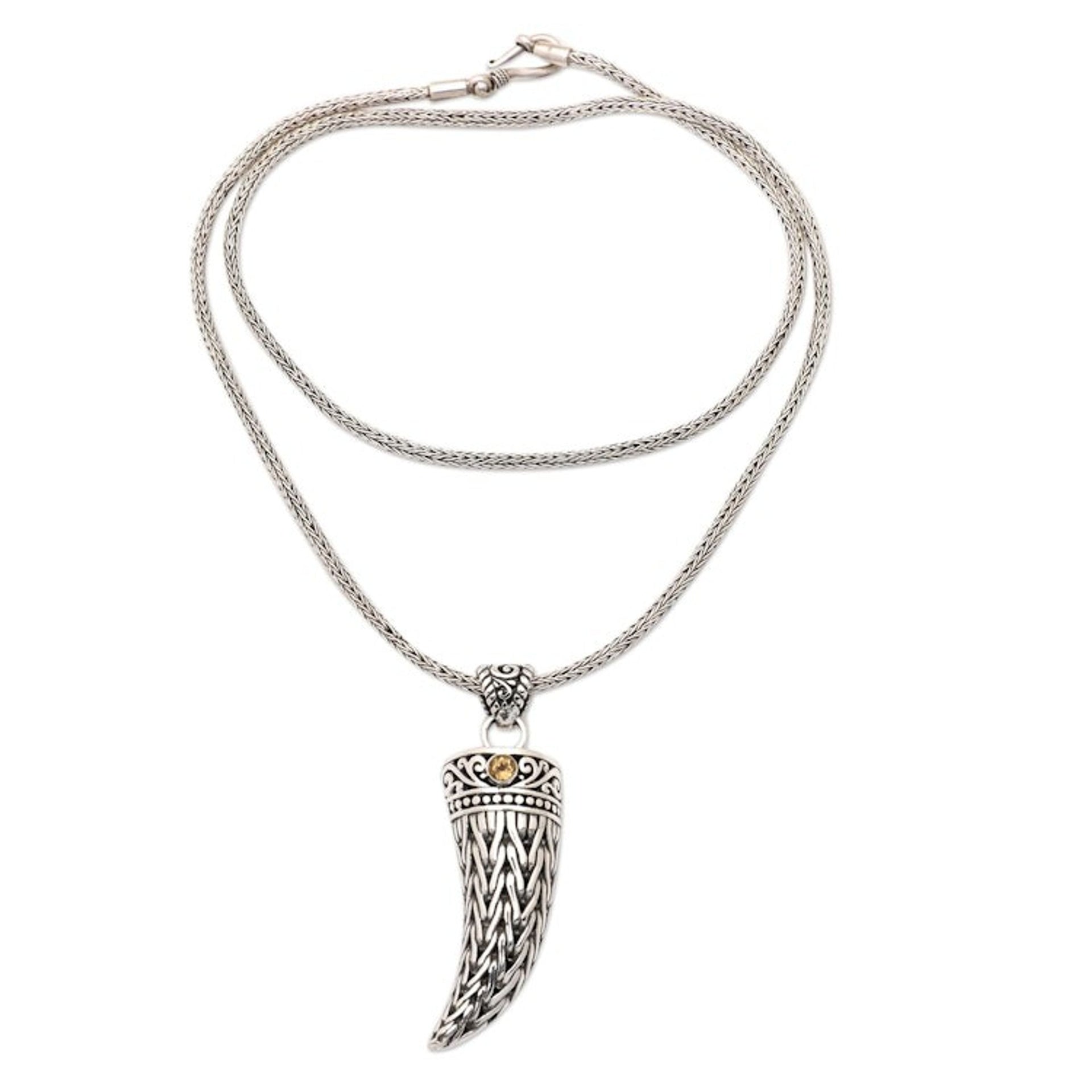 Mens 925 Silver Fang Pendant Necklace with Citrine Stone 'Mighty Yellow'