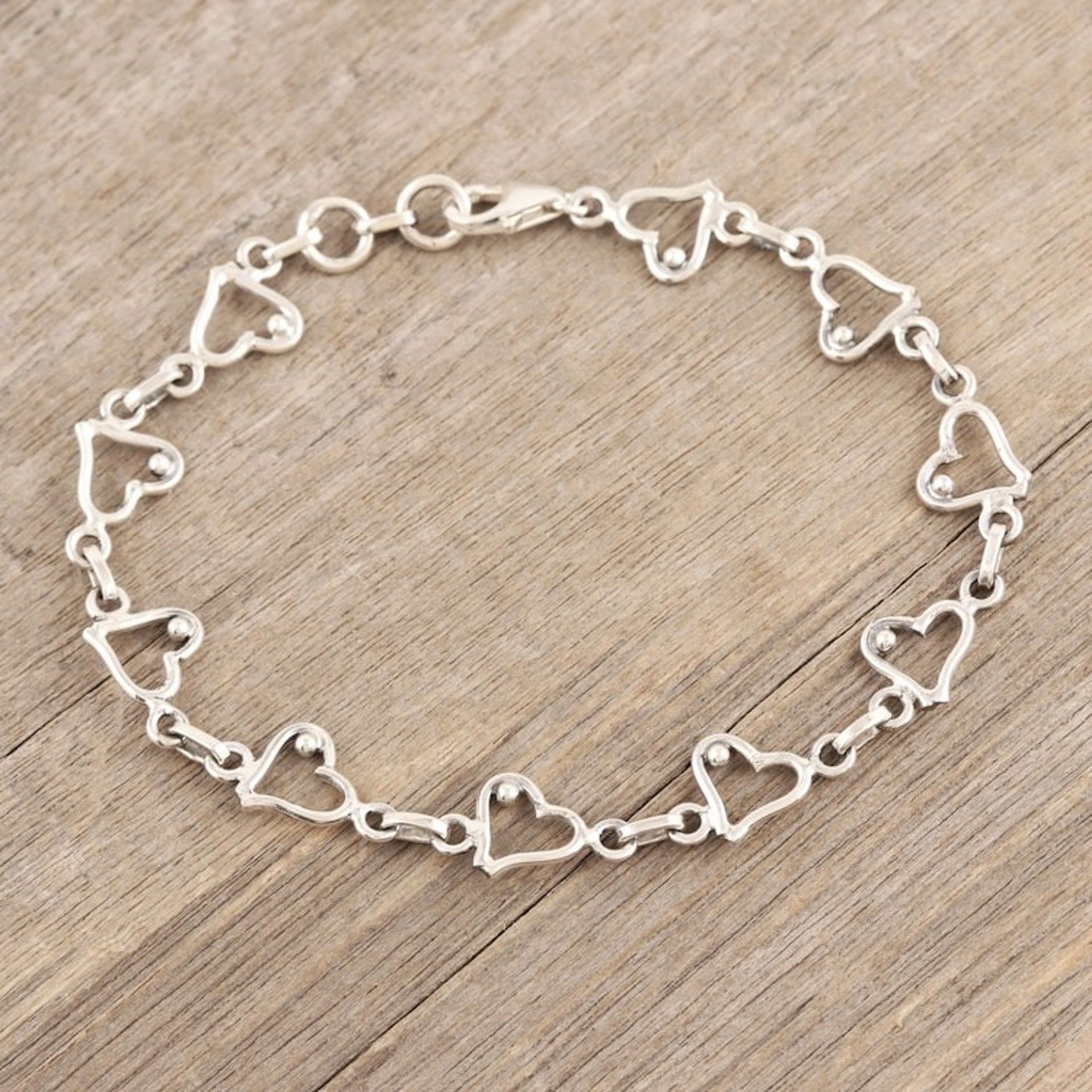 Heart Themed Sterling Silver Link Bracelet Handmade in India 'Symphony of Love'