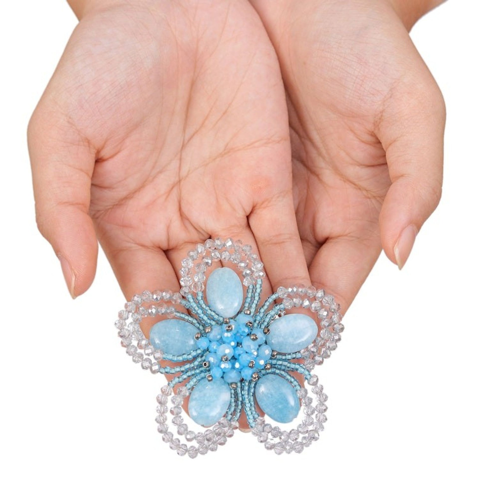 Handcrafted Floral Blue Quartz and Glass Beaded Brooch Pin 'Spring in Serenity'