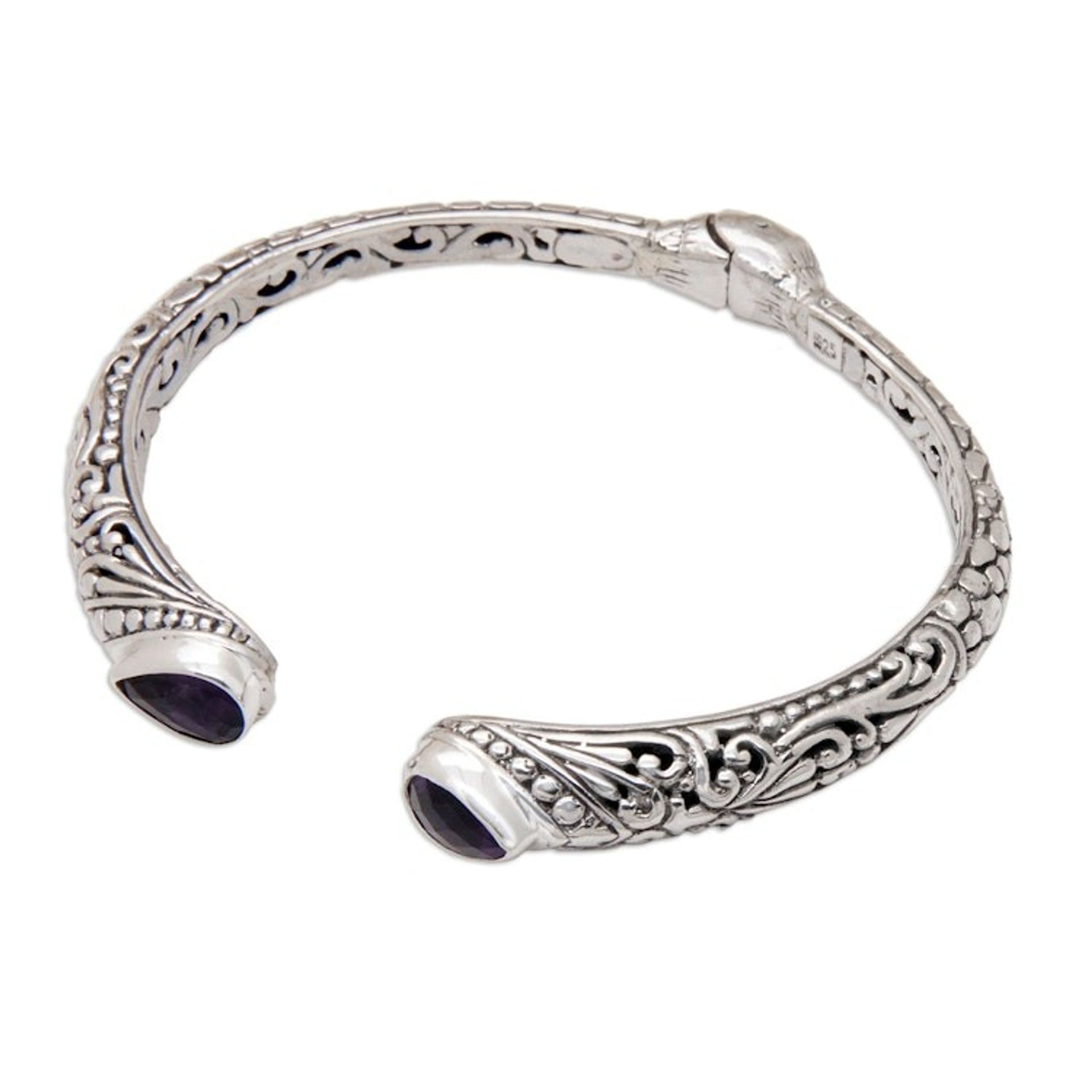 Polished Cuff Bracelet with Over-Two-Carat Amethyst Jewels 'Purple Tegalalang'