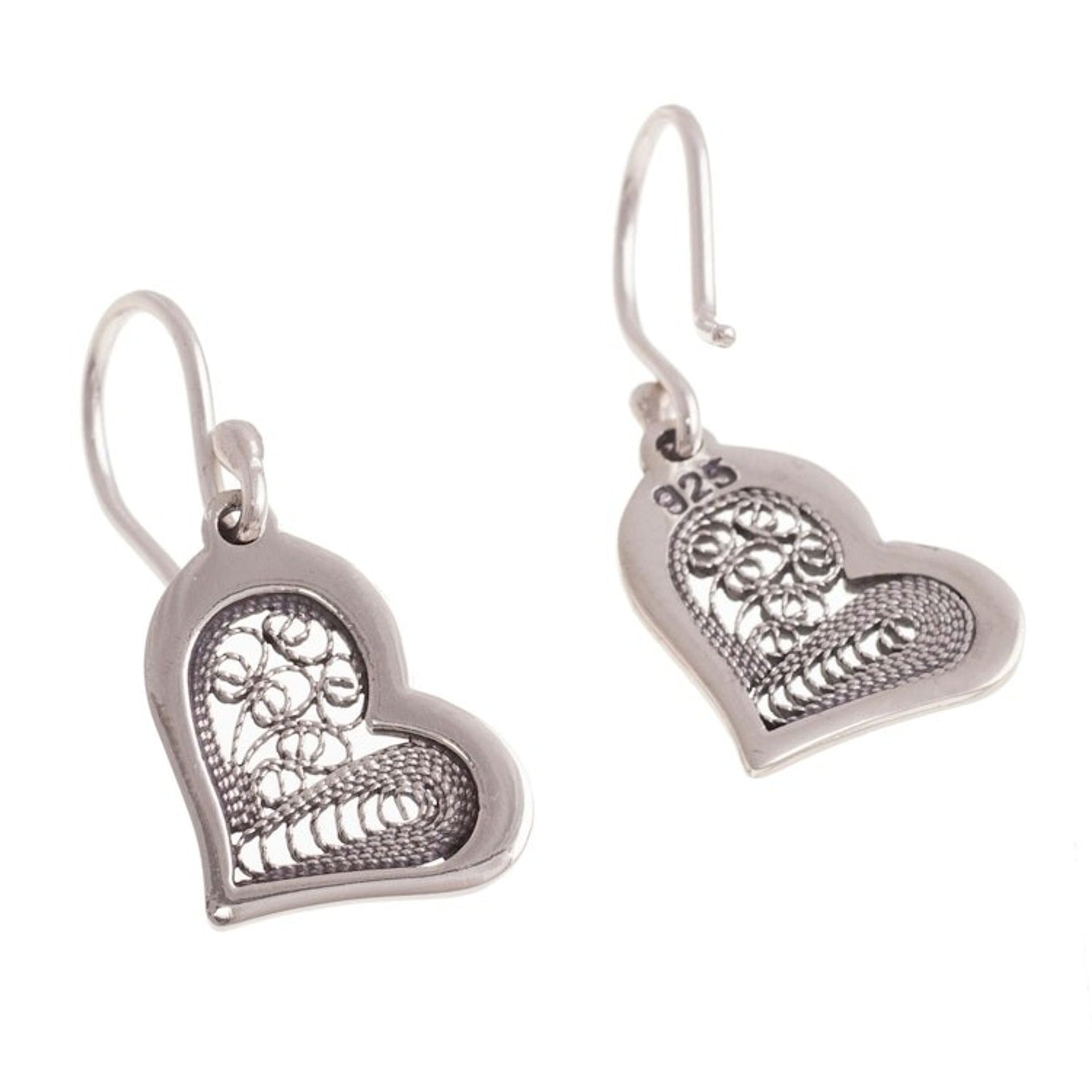 Heart Motif with Filigree Sterling Silver Dangle Earrings 'Fancy Hearts'