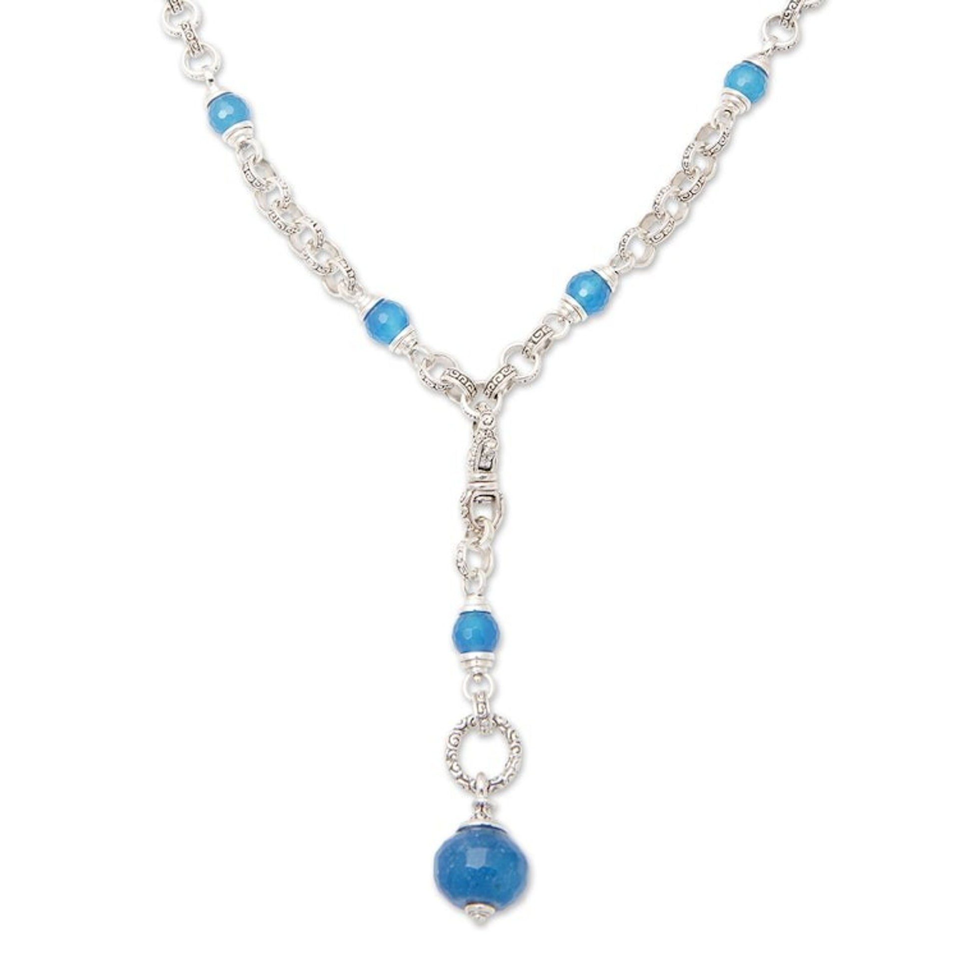 Traditional Sterling Silver and Chalcedony Y Necklace 'Heaven's Blue Path'