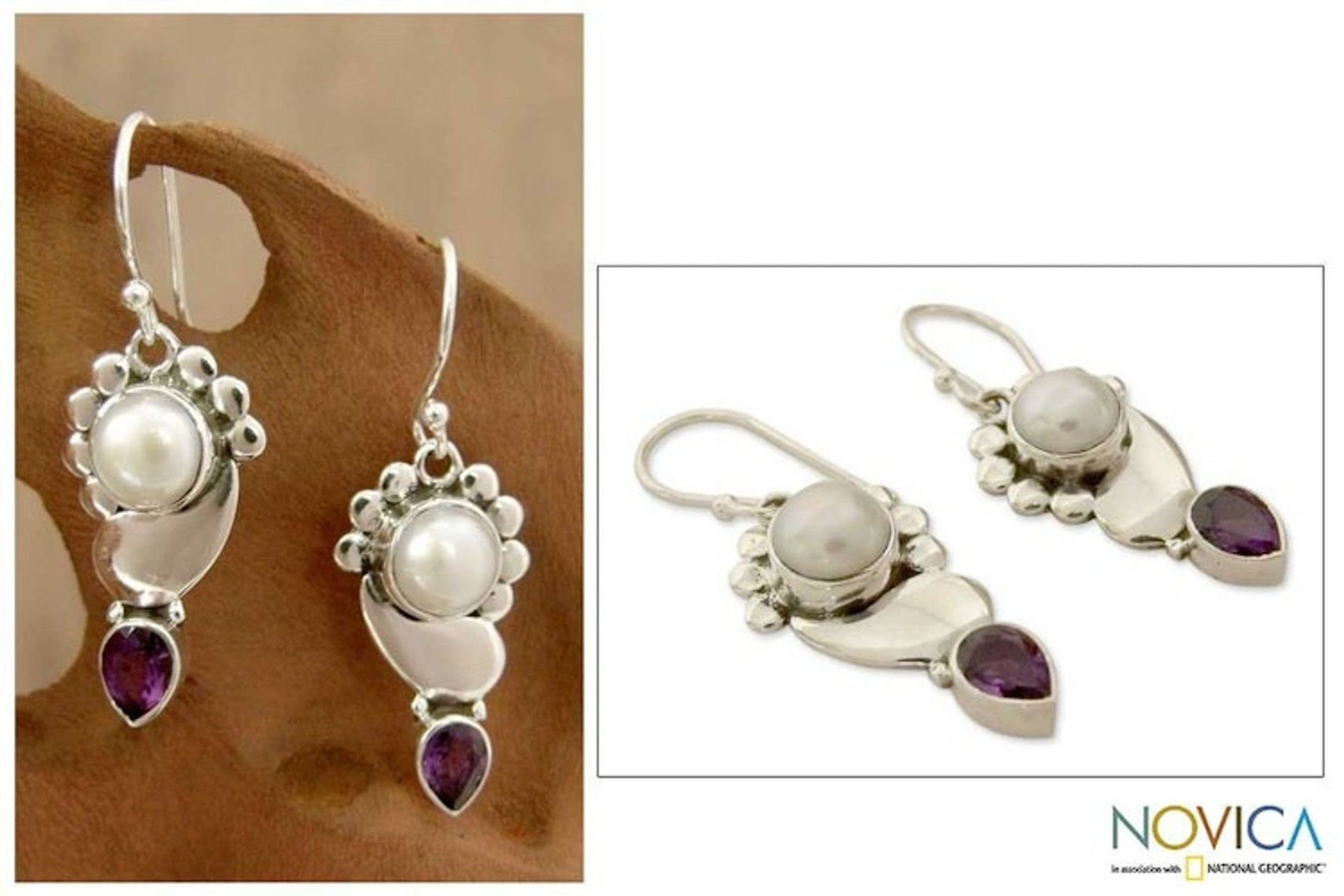 Pearl Earrings with Amethyst and Sterling Silver from India 'Rajasthan Glory'