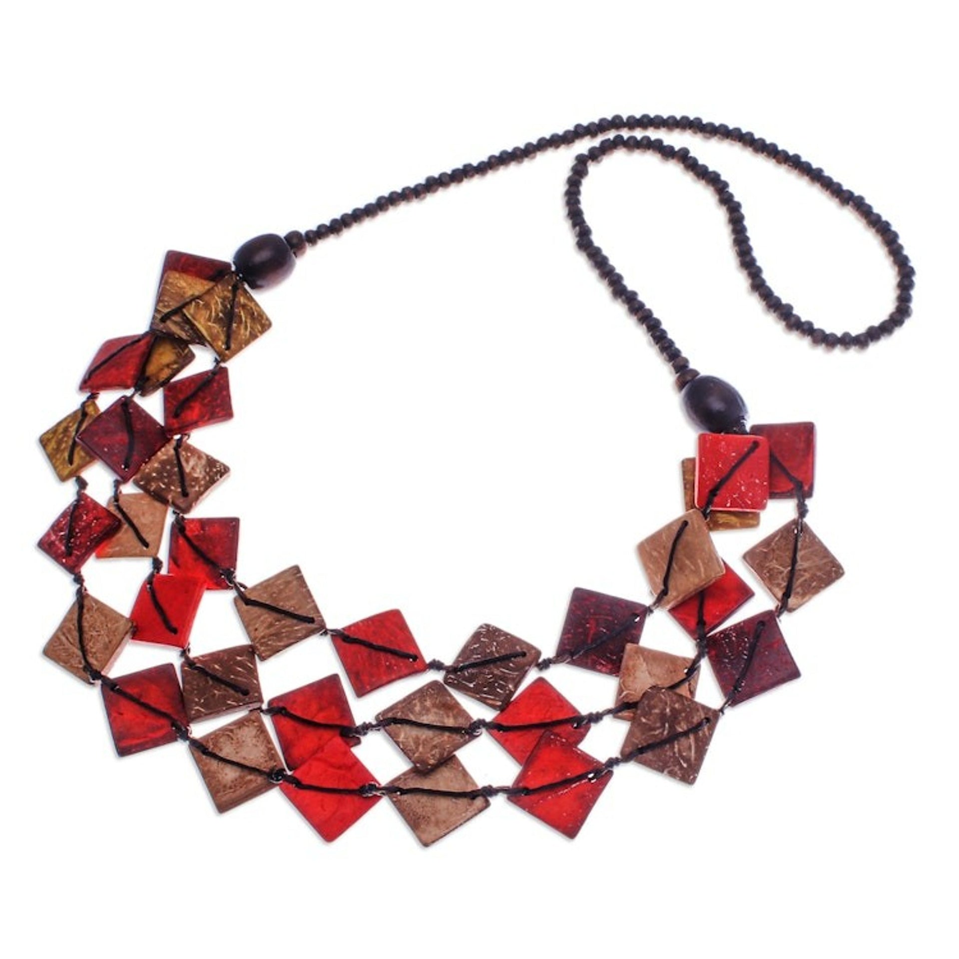 Red and Golden Wood and Coconut Shell Beaded Strand Necklace 'Fire Diamonds'