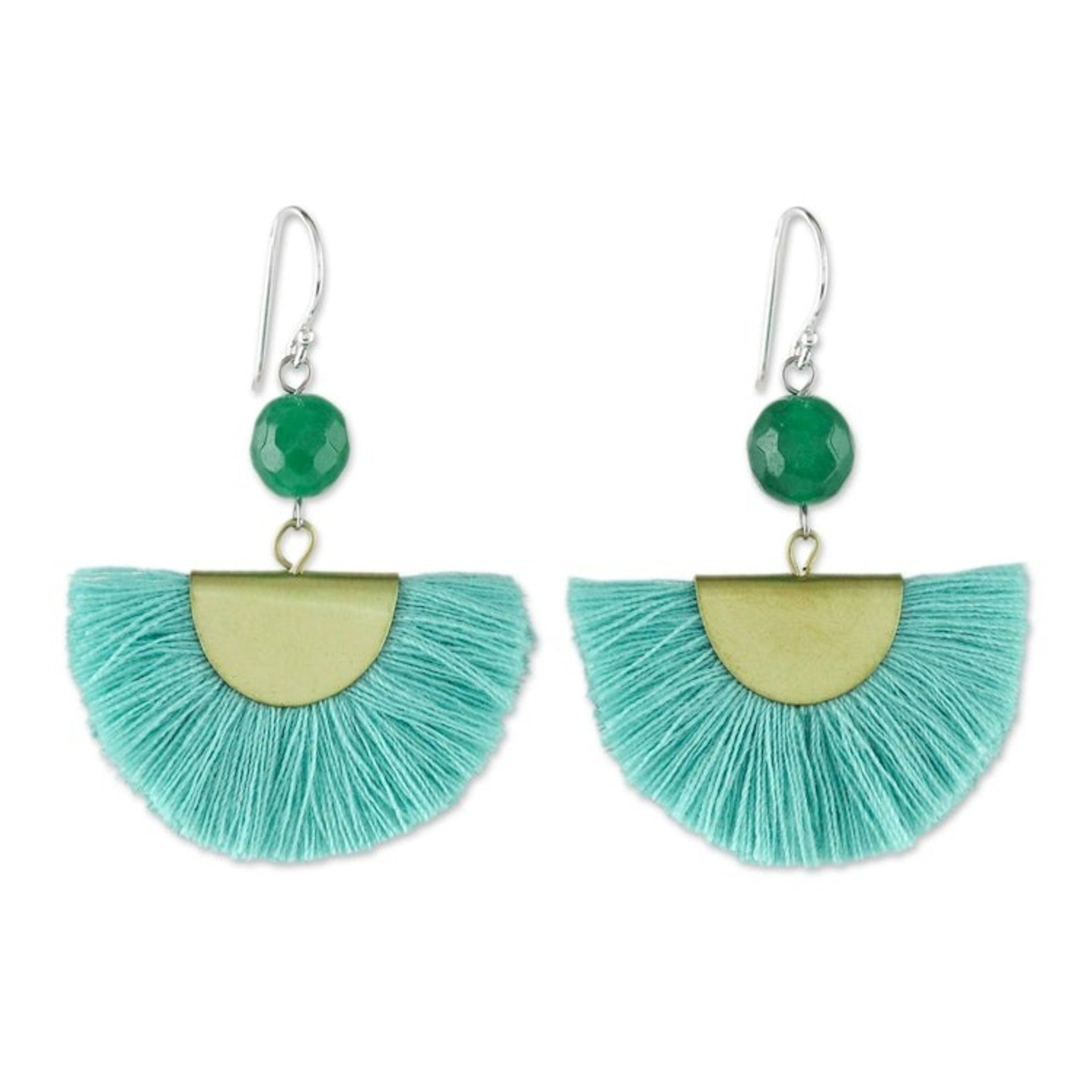 Quartz and Brass Bead Dangle Earrings with Cotton Fringe 'Festival in Light Blue'