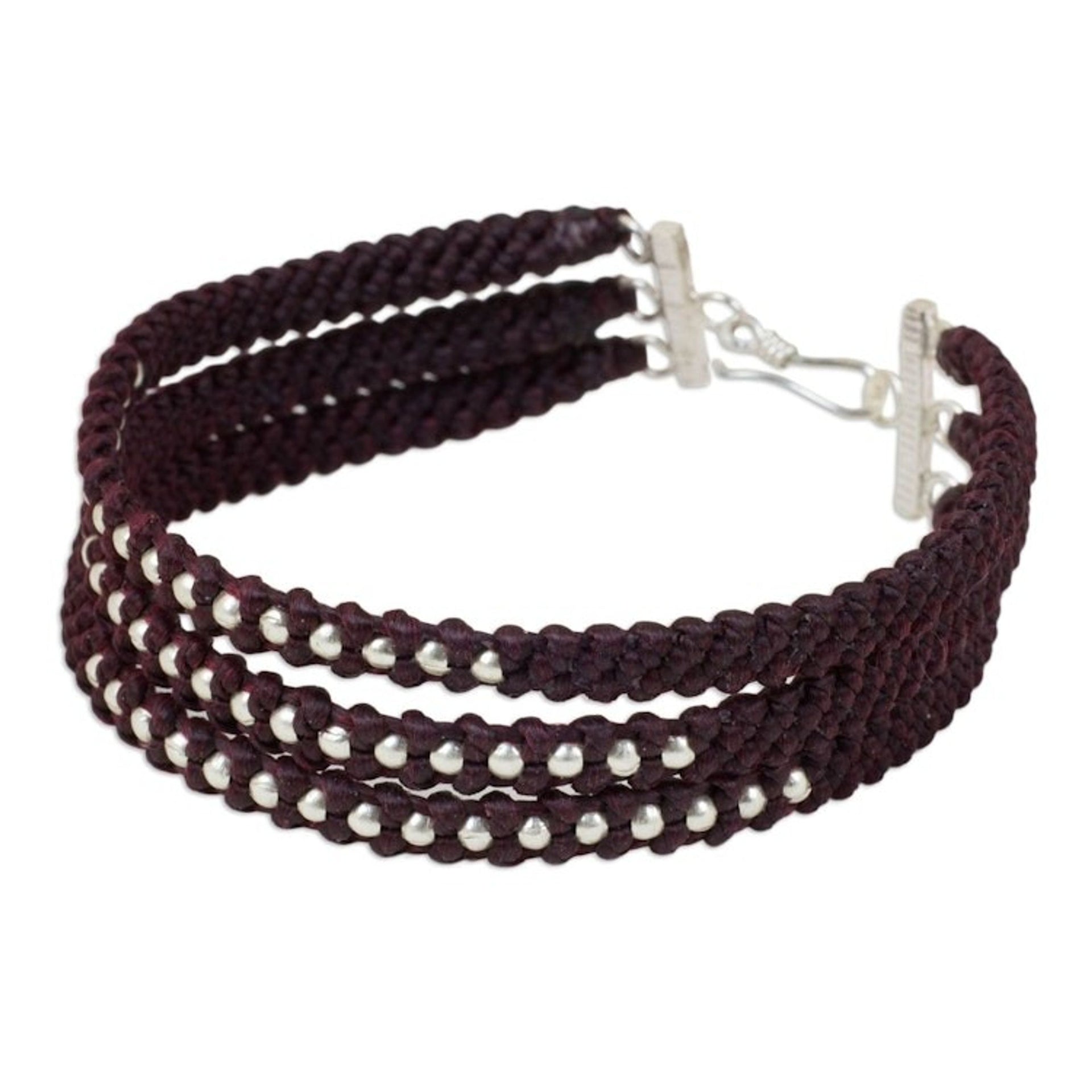 Dark Maroon Braided Wristband Bracelet with Silver Beads 'Maroon Moons'
