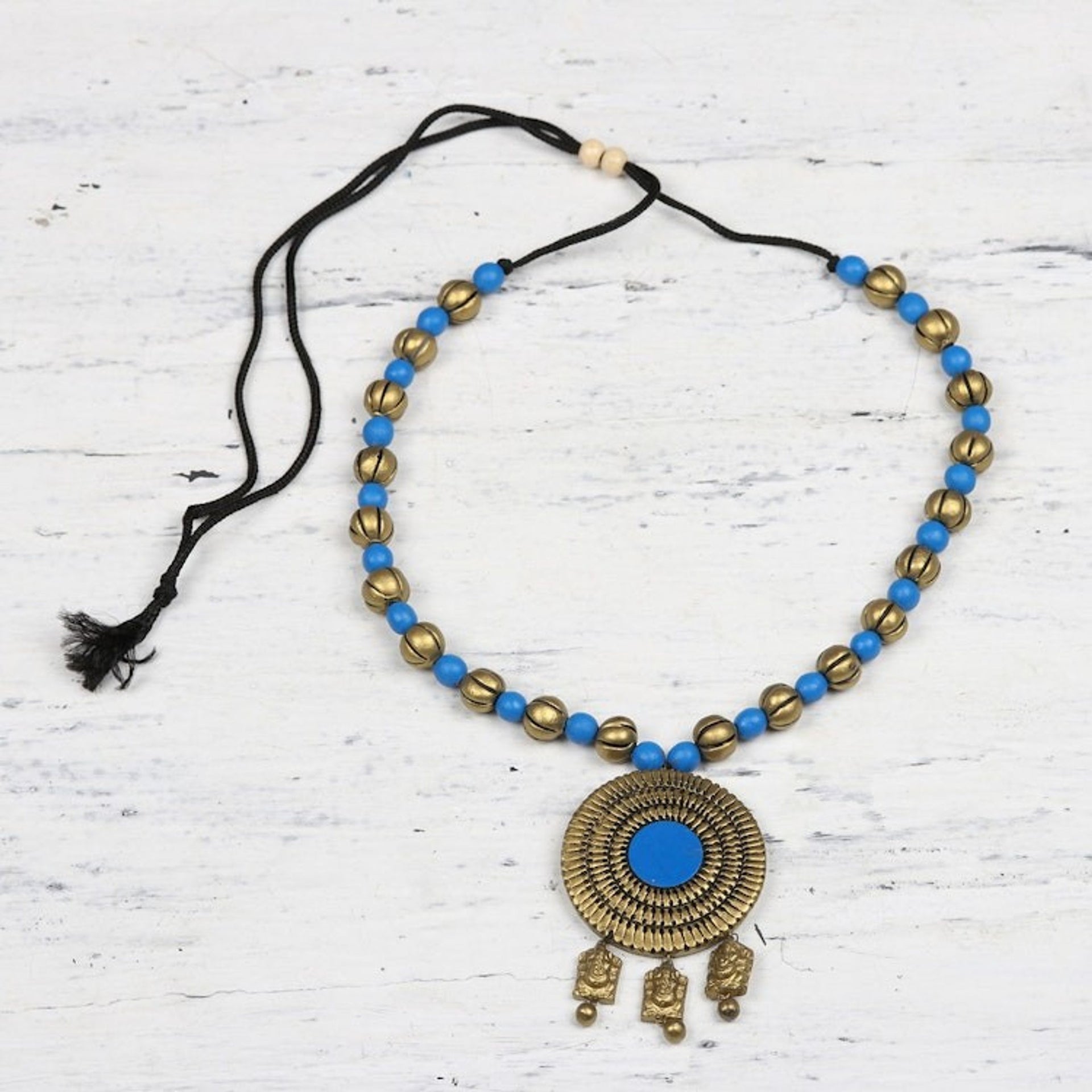 Hand-Painted Gold and Blue Lord Ganesha Medallion Necklace 'Golden Ganesha''