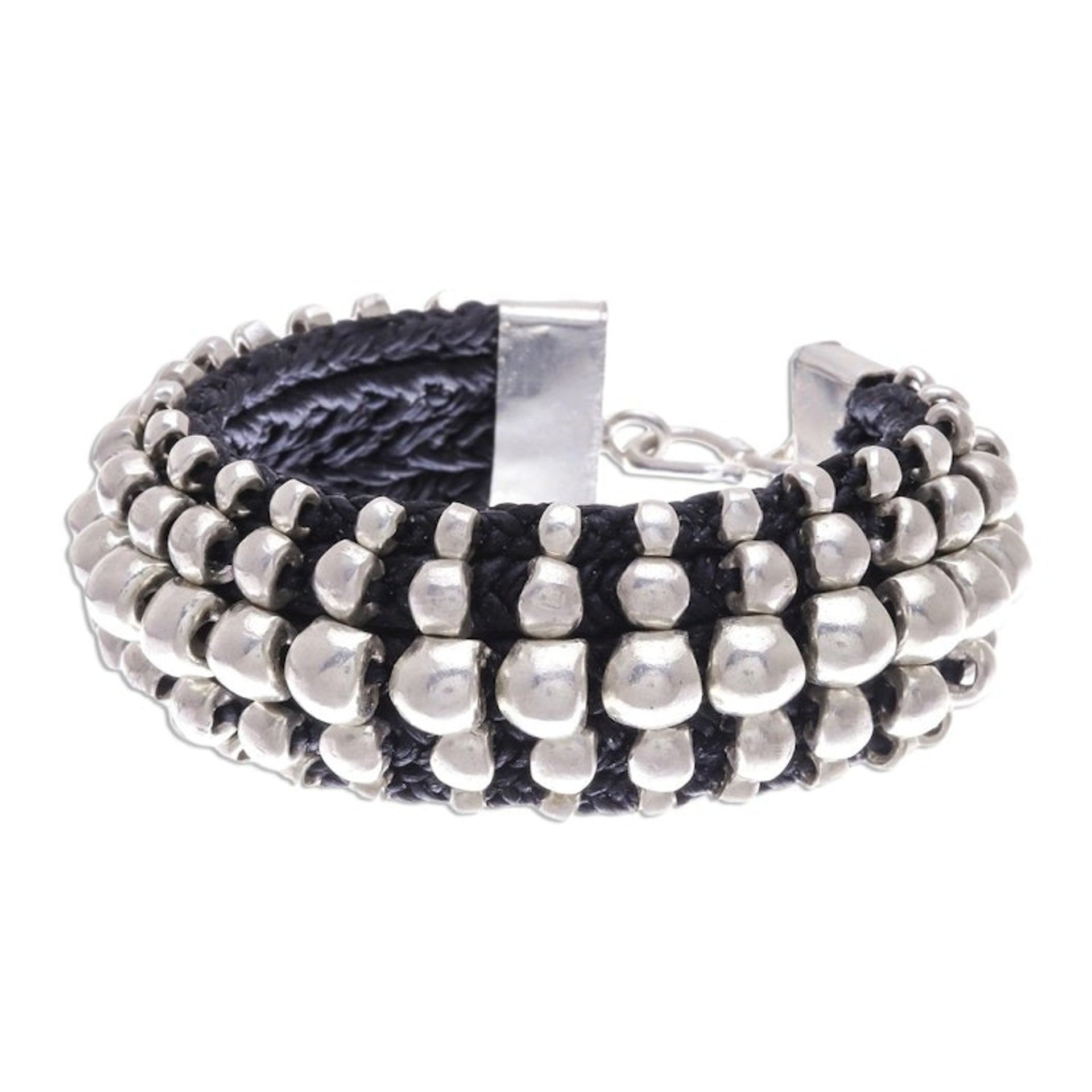 Black Cord Bracelet with 950 SIlver Beads 'Black Karen'