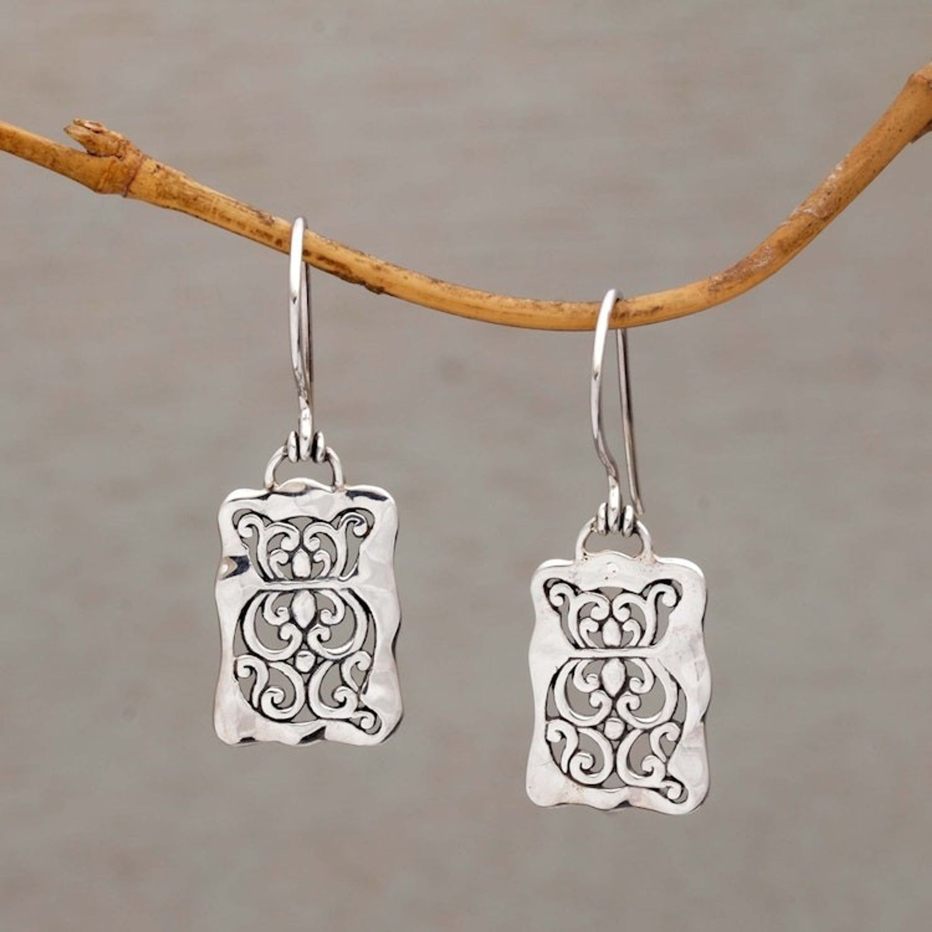 Cat Motif Sterling Silver Dangle Earrings from Bali 'Cat Swirls'