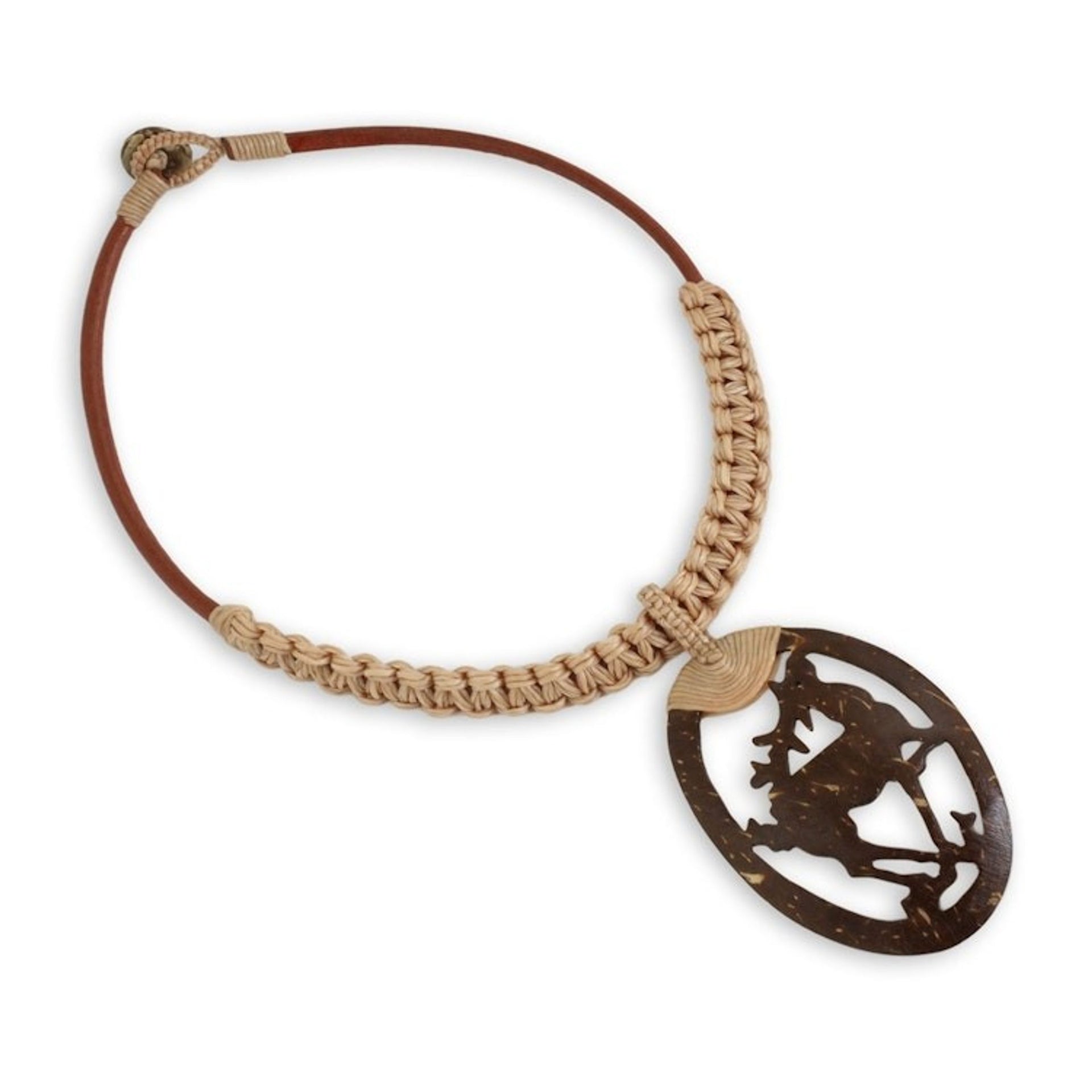 Coconut Shell Pendant on Hand Crafted Leather Necklace 'Happy Deer in Beige'