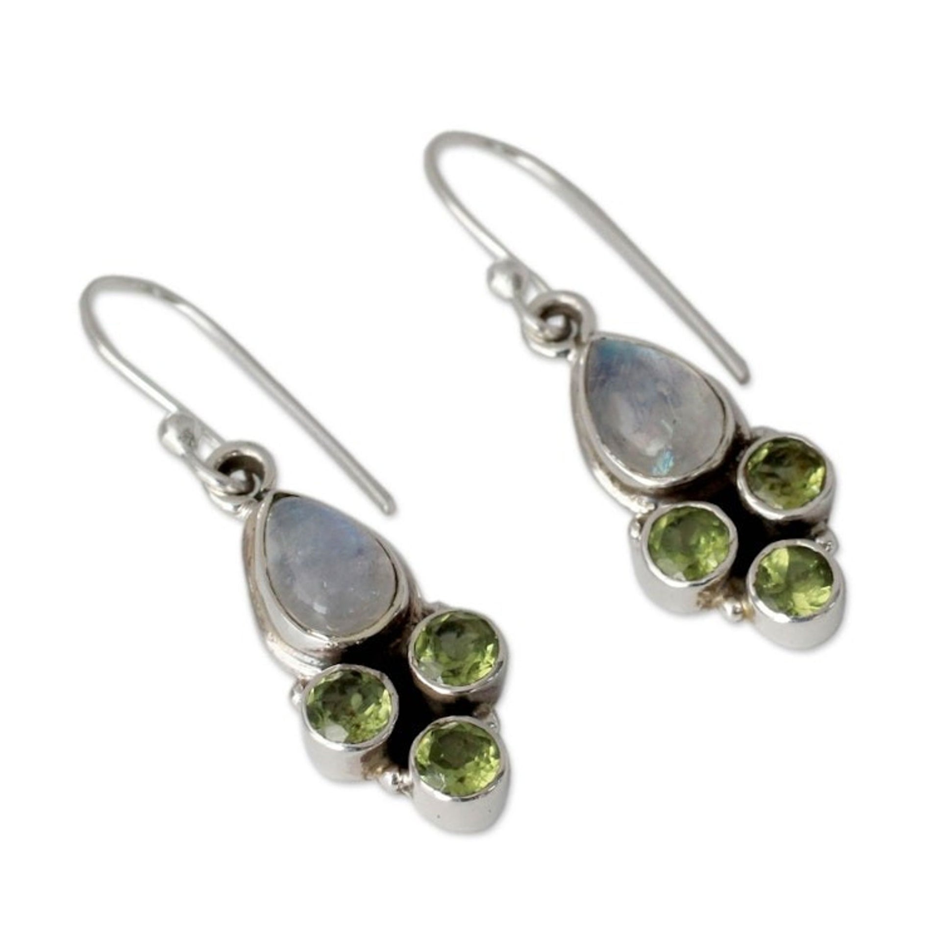 Rainbow Moonstone and Peridot Dangle Earrings 'Moonlit Meadow'