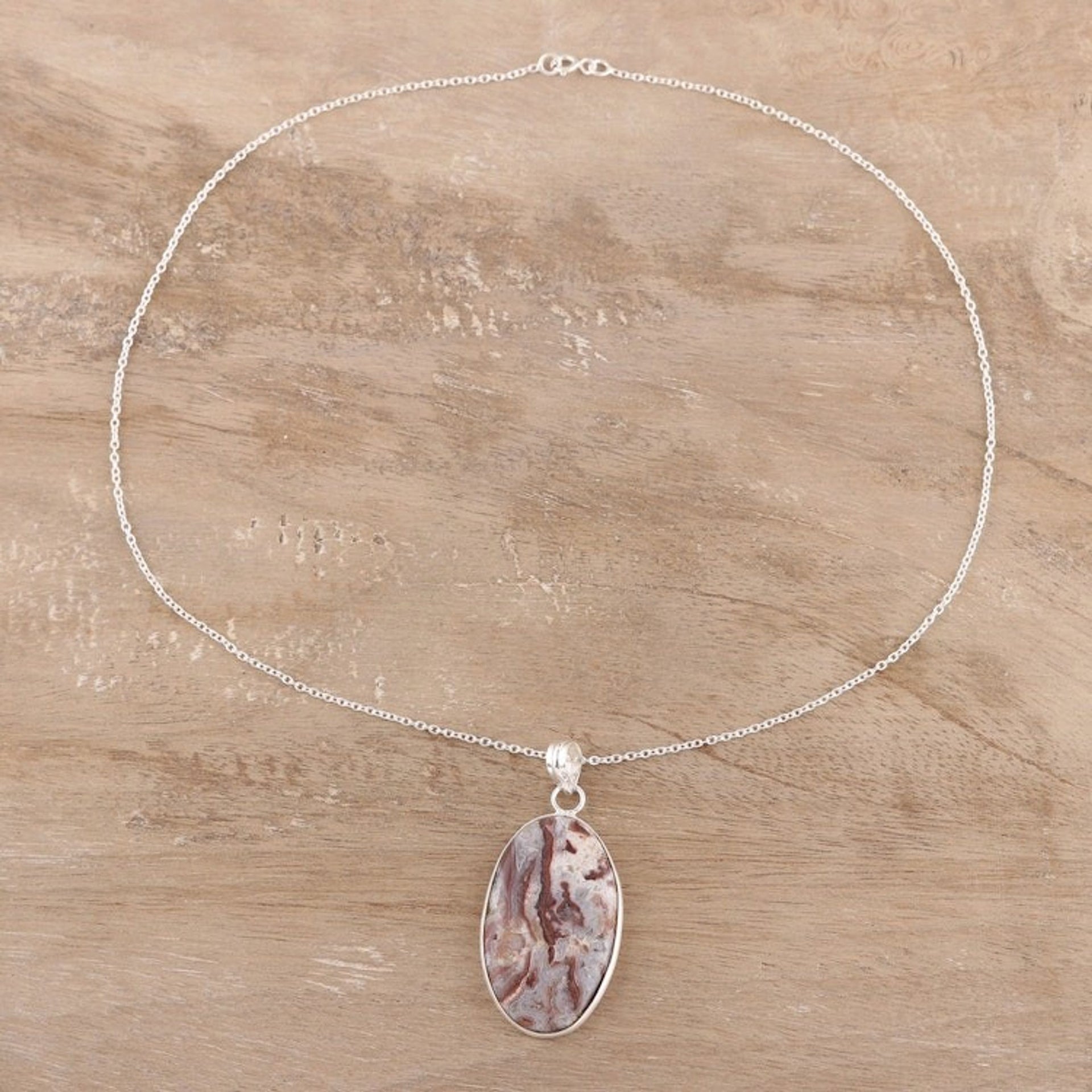 Oval Agate Pendant Necklace in Pink and Russet from India 'Intricate Island'