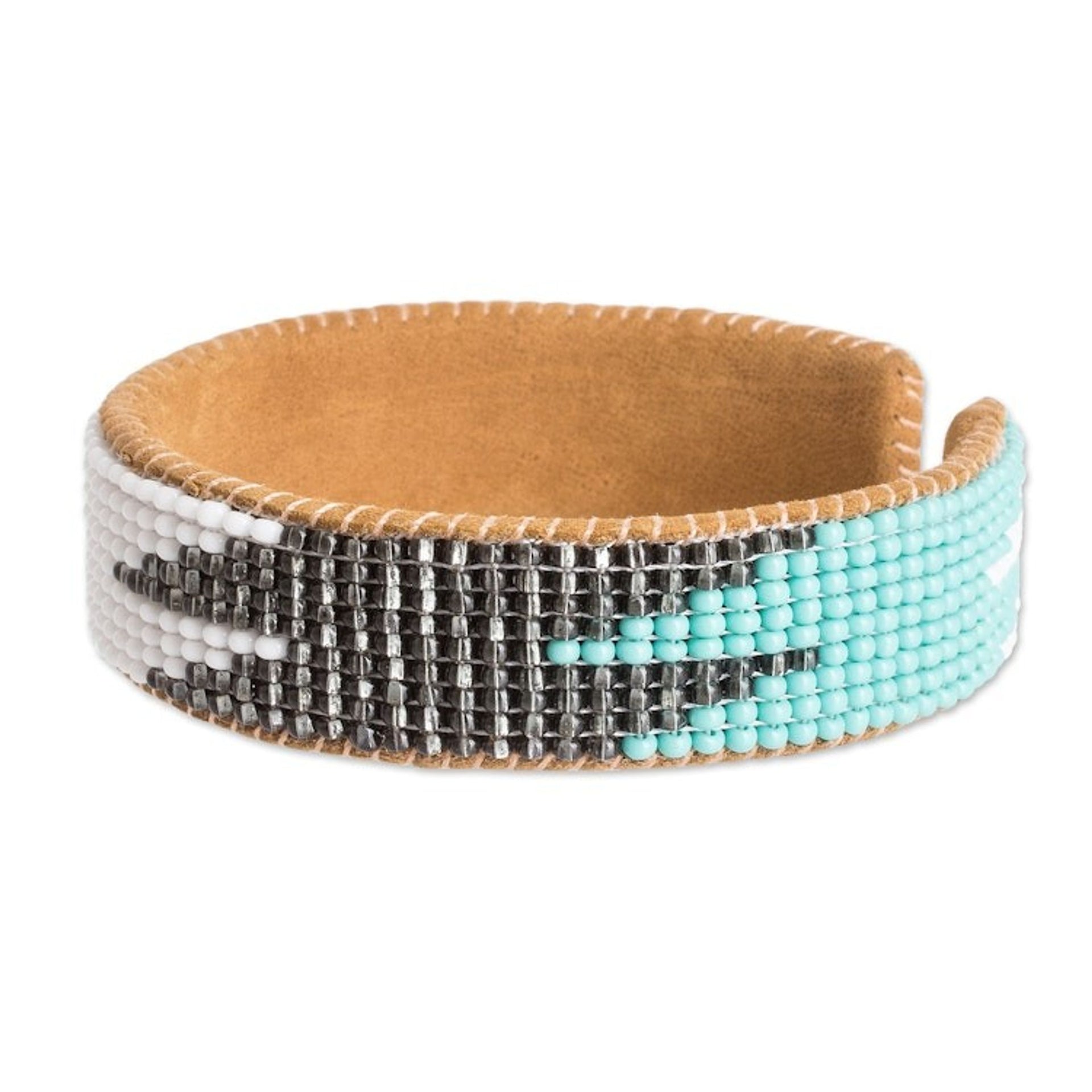 Leather-Accented Blue and Black Glass Beaded Cuff Bracelet 'Electrifying'
