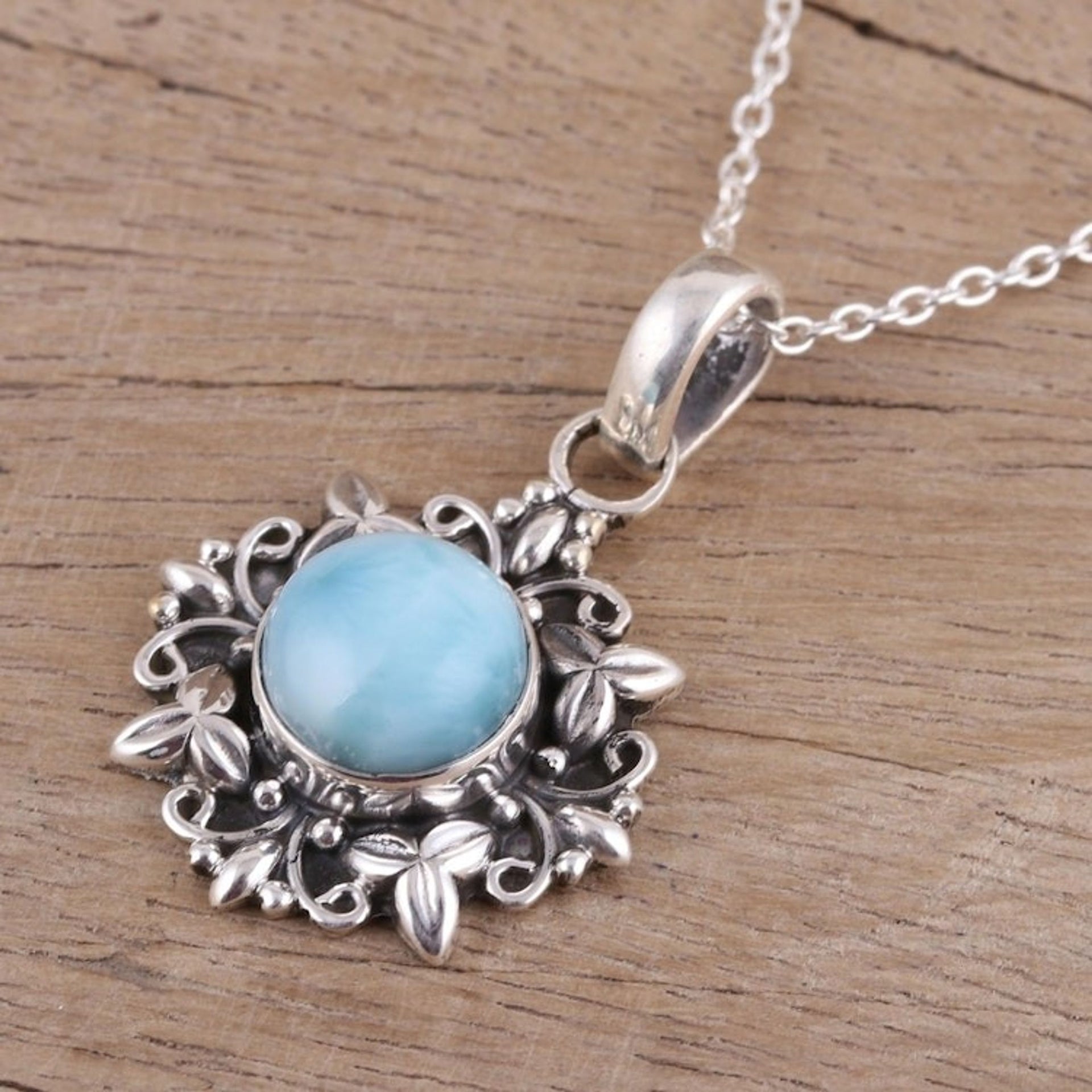 Larimar and Sterling Silver Pendant Necklace from India 'Ethereal Eden'