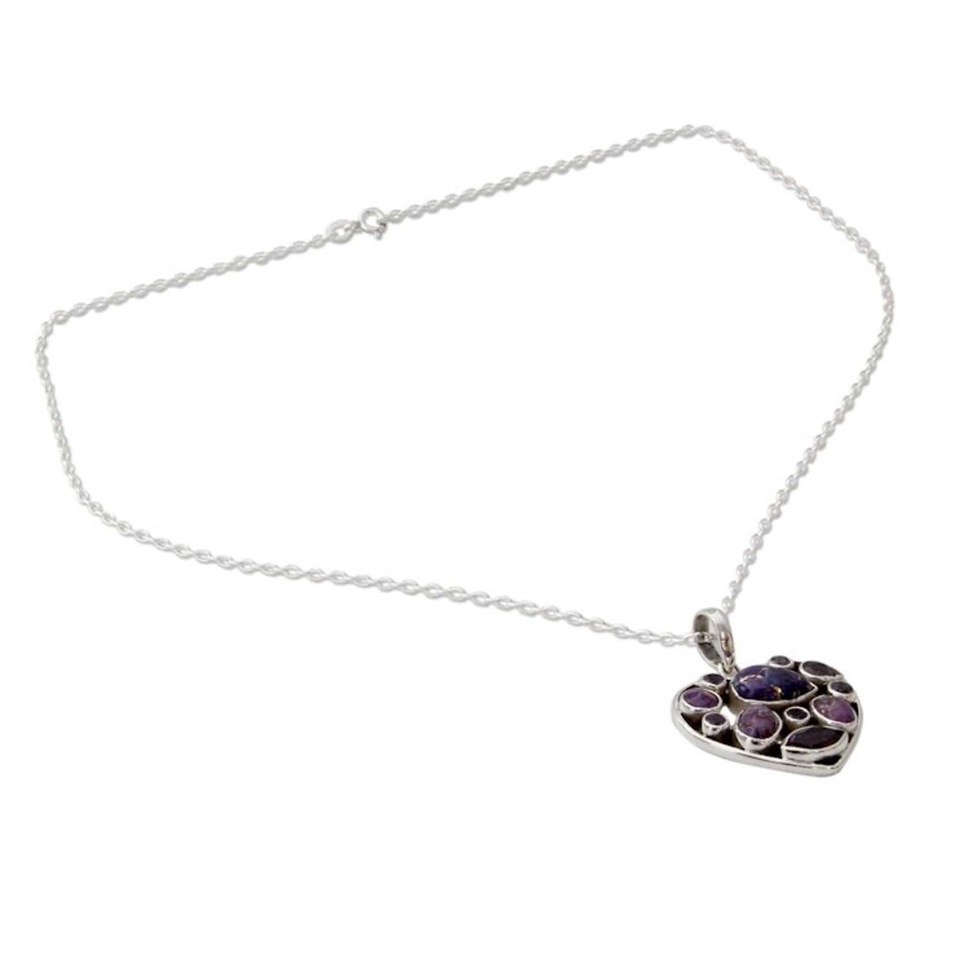 Hand Crafted Amethyst and Sterling Silver Heart Necklace 'Lilac Jaipuri Heart'
