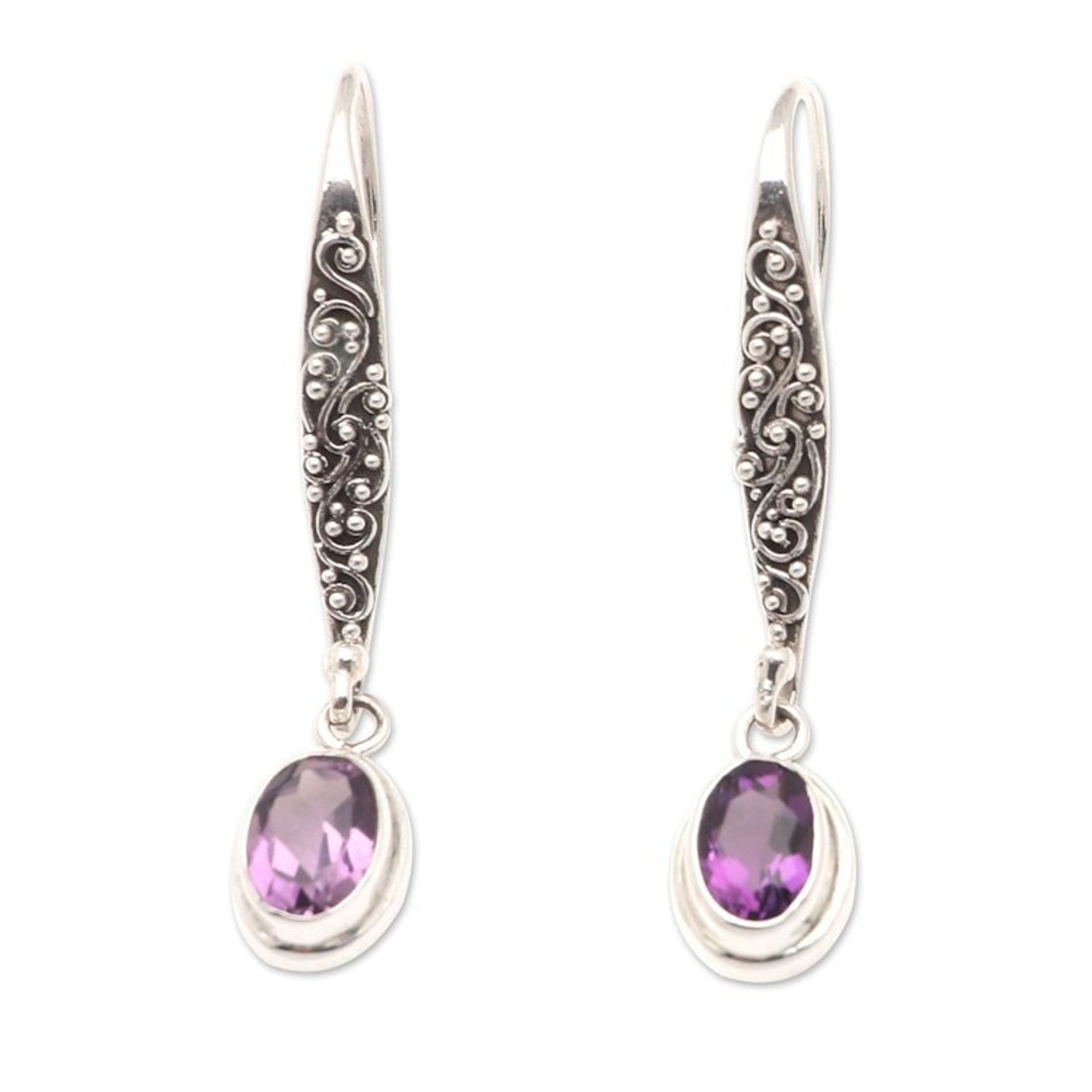 Sterling Silver and Amethyst Dangle Earrings Crafted in Bali 'Heaven's Treasure in Purple'