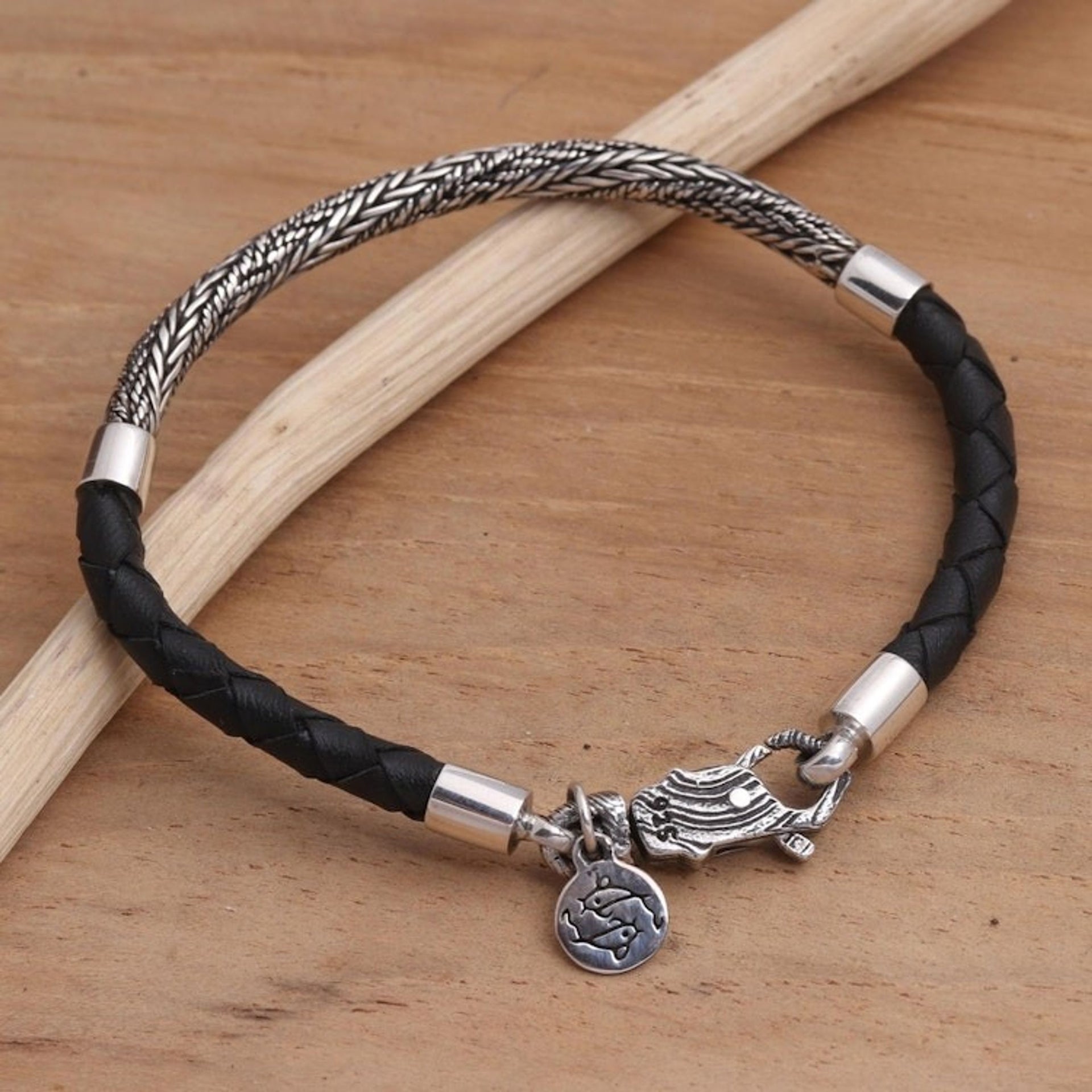 Hand Made Sterling Silver and Leather Braided Charm Bracelet 'Fish Symmetry'