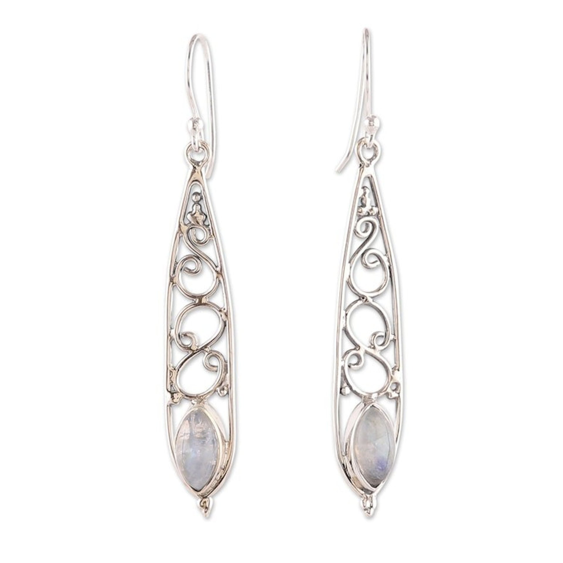 Fantasy-Inspired Natural Rainbow Moonstone Dangle Earrings 'Moonlit Drop'