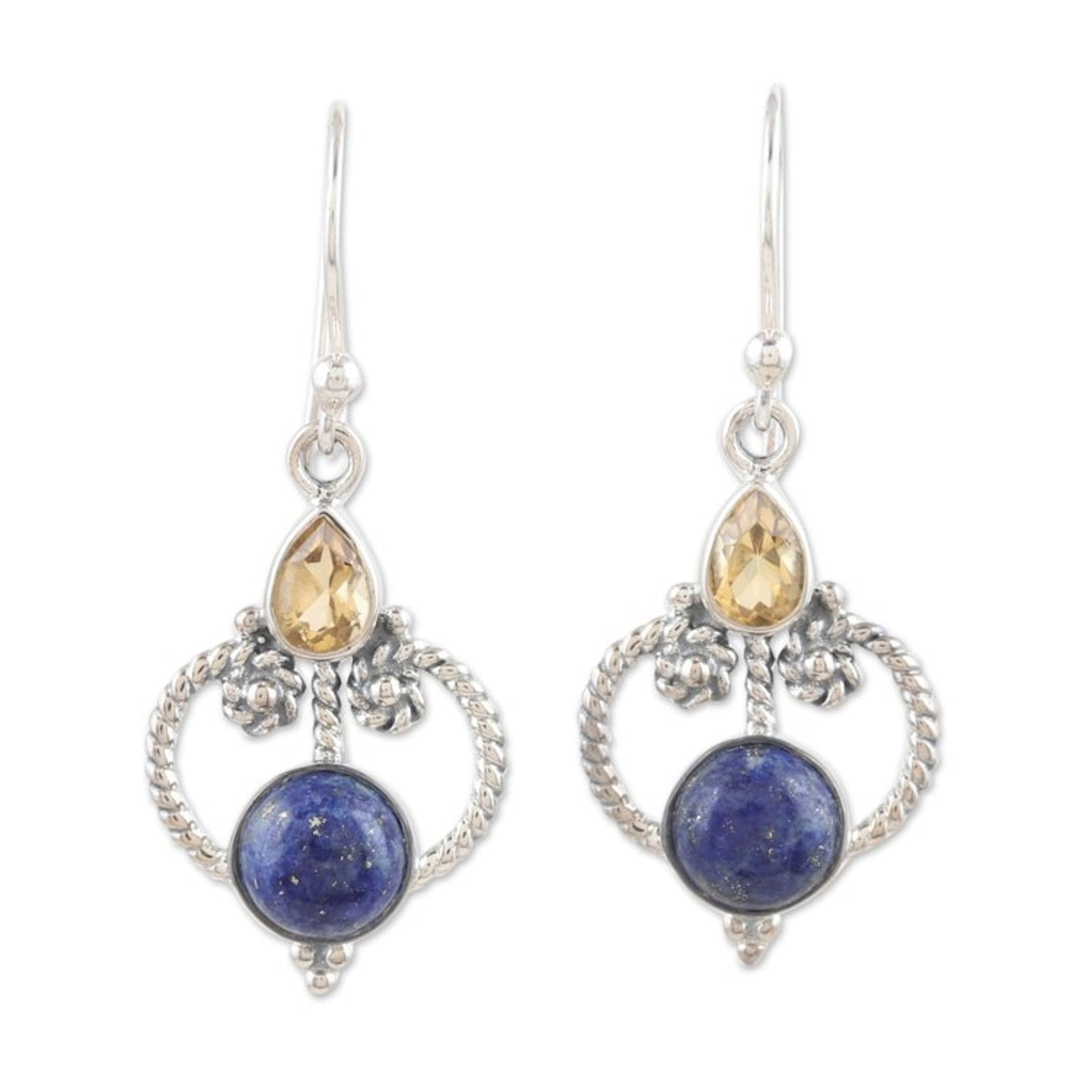 Polished Dangle Earrings with Lapis Lazuli and Citrine Gems 'Royal Mansion'