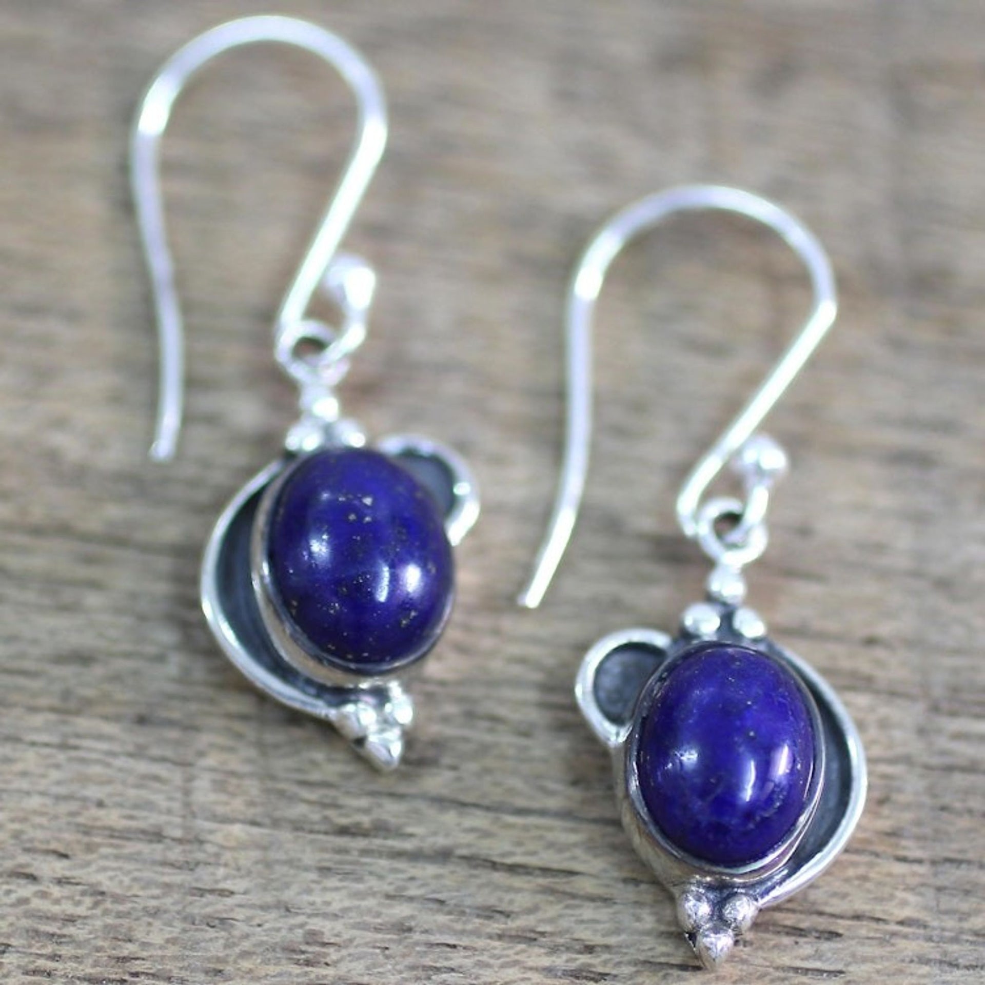 Hand Made Sterling Silver Lapis Lazuli Dangle Earrings India 'Blue Ovals'