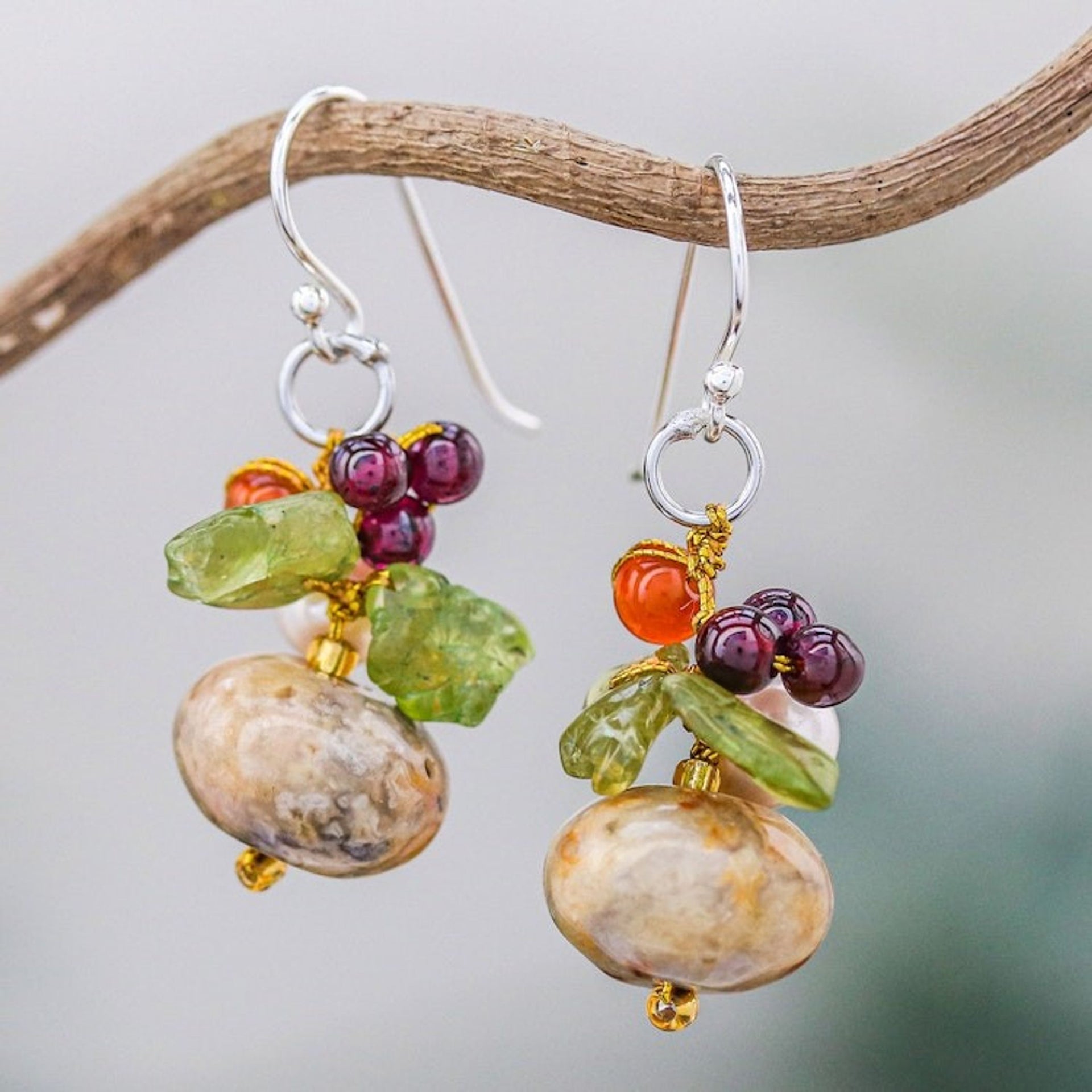 Thai Jasper and Cultured Pearl Dangle Earrings 'Exotic Cluster'
