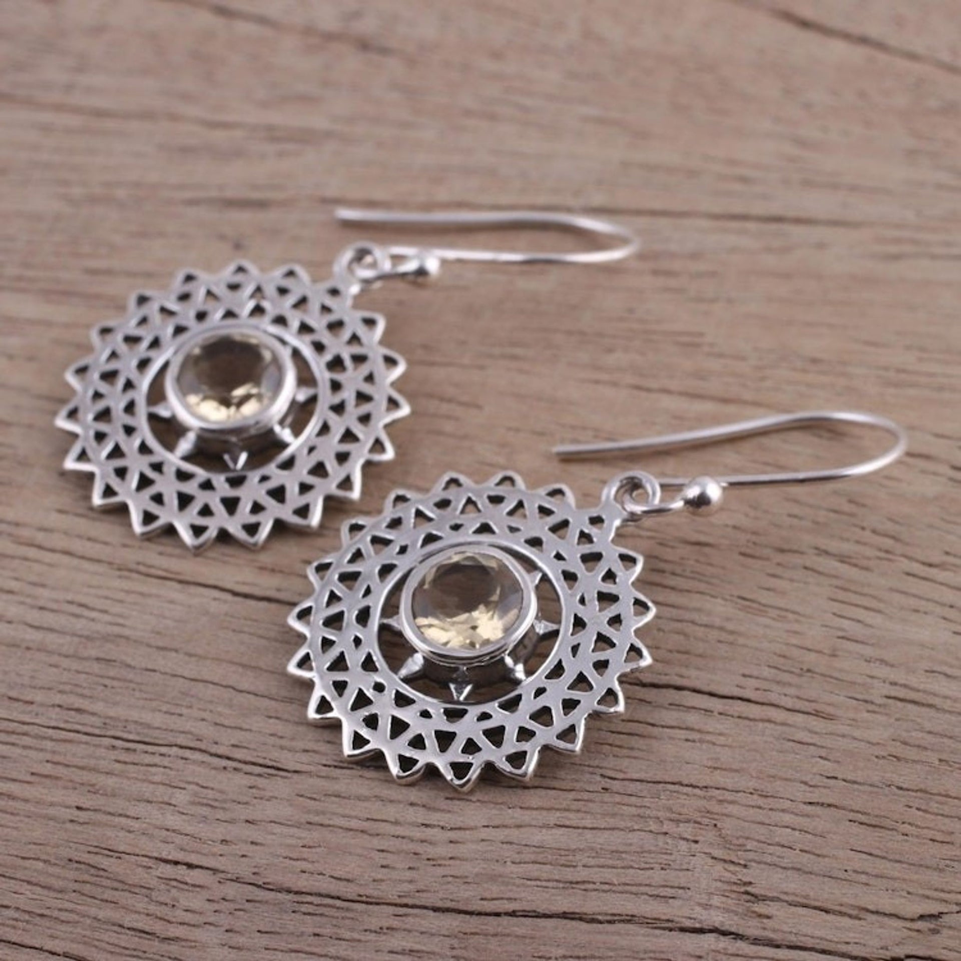 Citrine and Silver Triangle Motif Dangle Earrings from India 'Triangular Sun Rays'