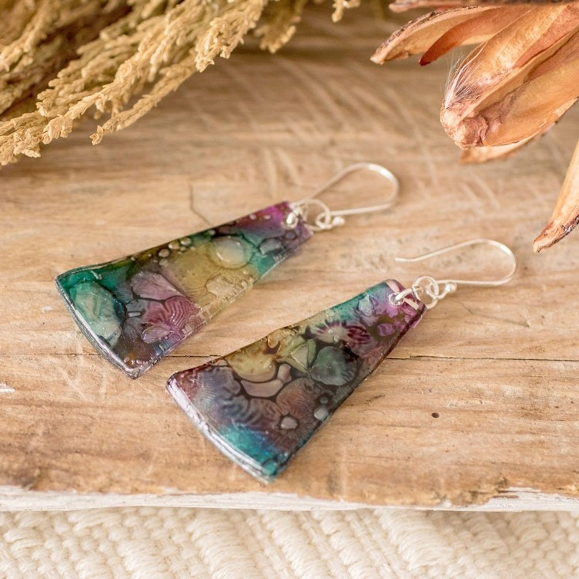 Yellow Turquoise and Purple Recycled CD Dangle Earrings 'Color Explosion'