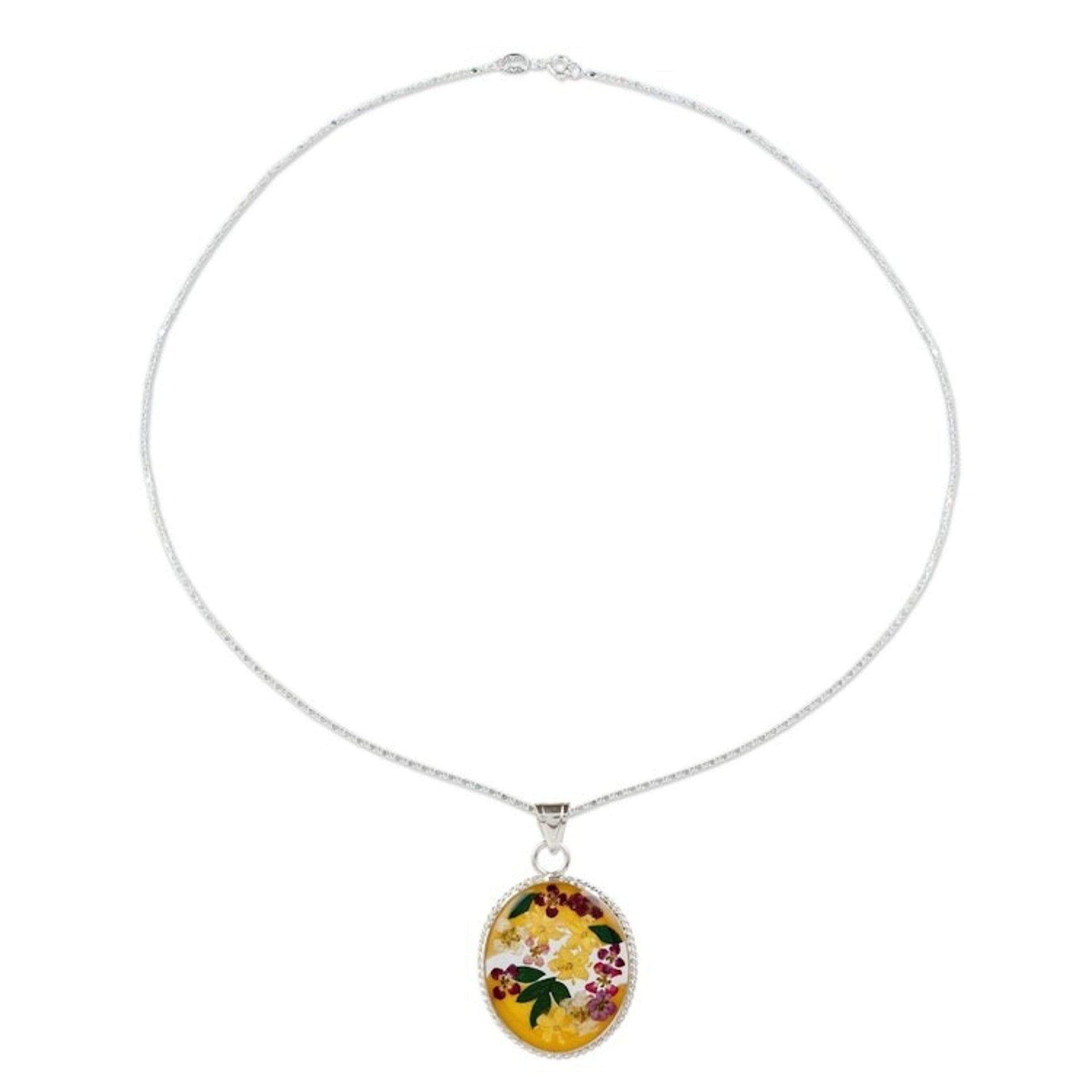 Sterling Silver Necklace with Yellow Dried Flower Pendant 'Yellow Forever'