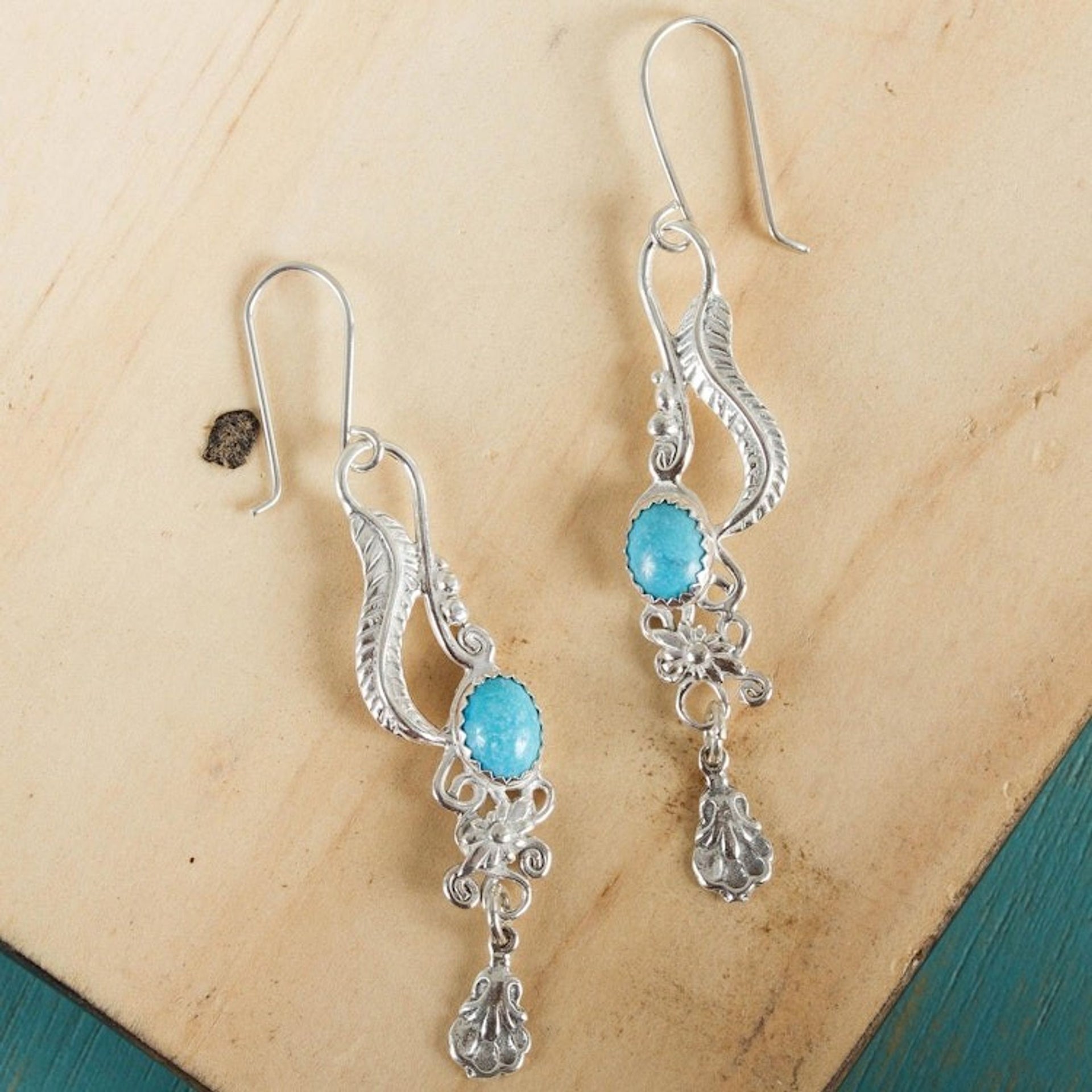 Fair Trade Floral Earrings of Silver with Natural Turquoise 'Daydream'