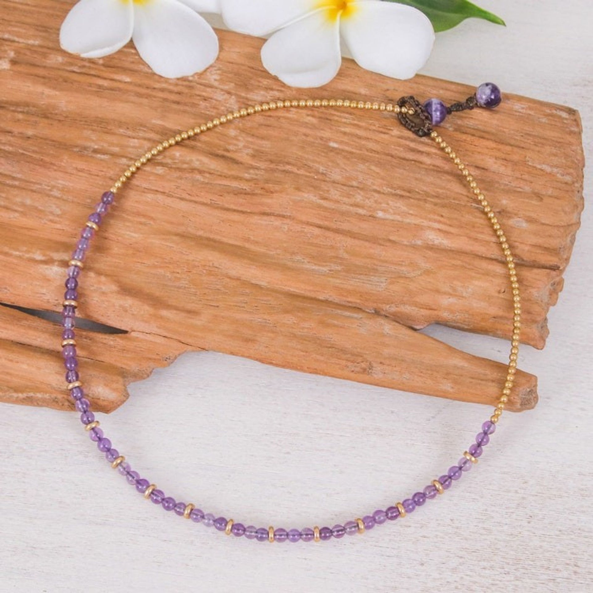 Handcrafted Amethyst and Brass Beaded Necklace from Thailand 'Wise Orbs'