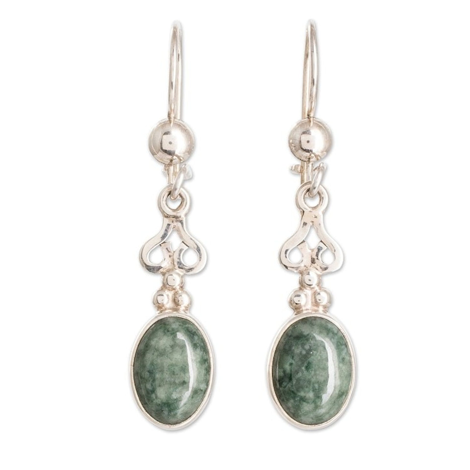 Guatemalan Light Green Jade Sterling Silver Dangle Earrings 'Light Green Love Poem'