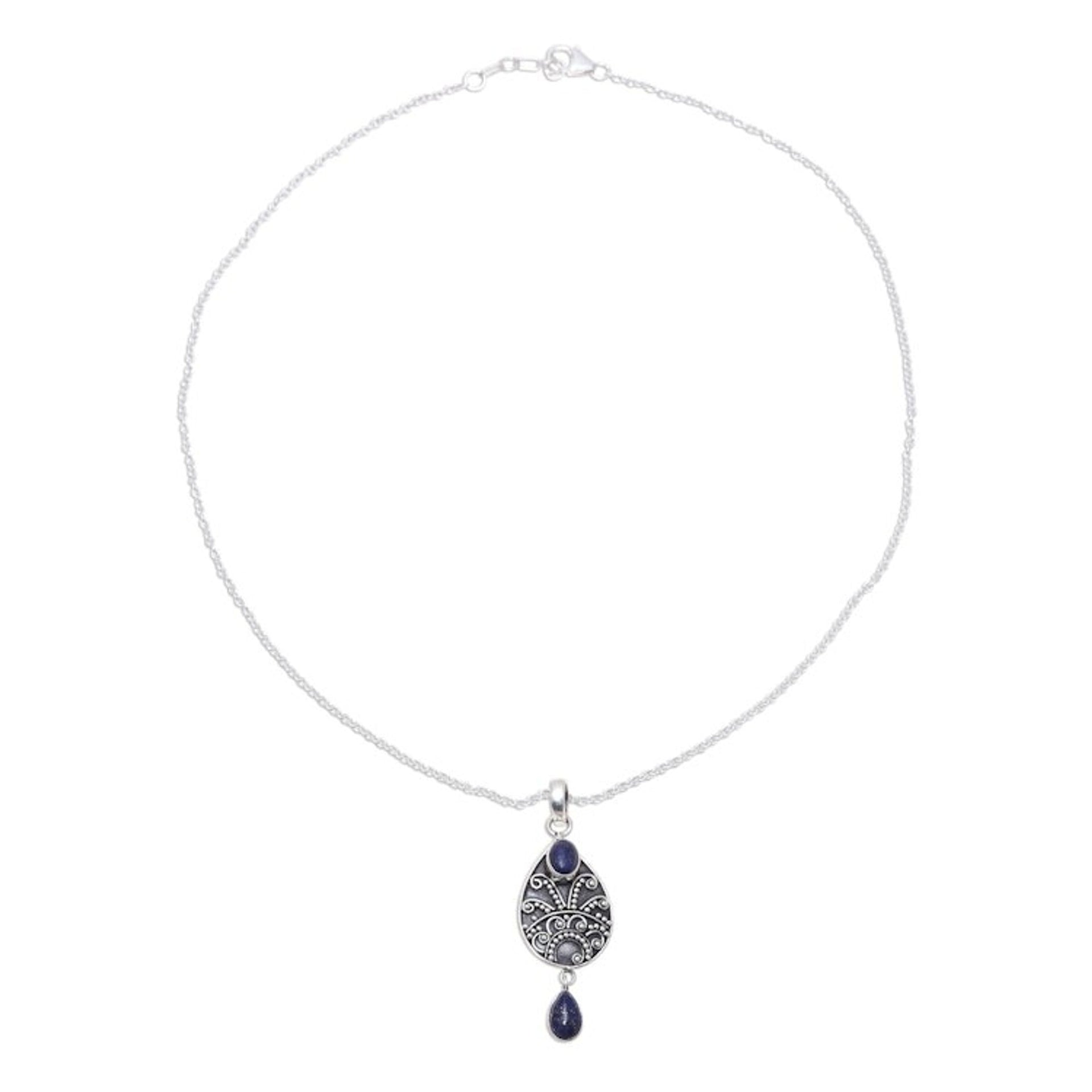 Sterling Silver and Lapis Lazuli Teardrop Pendant Necklace 'Night Sky Dance'