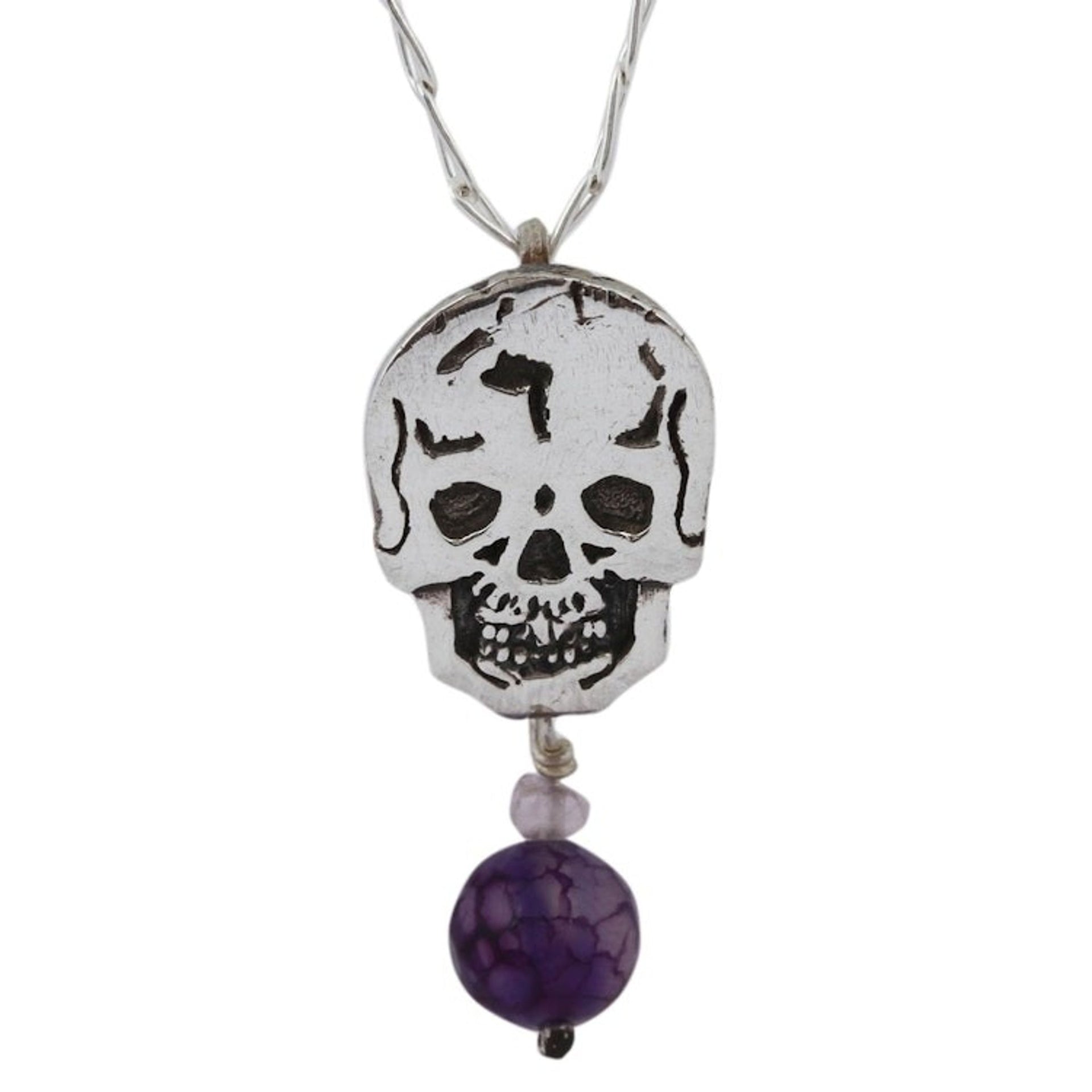 Agate and Amethyst Skull Pendant Necklace from Mexico 'Transition'