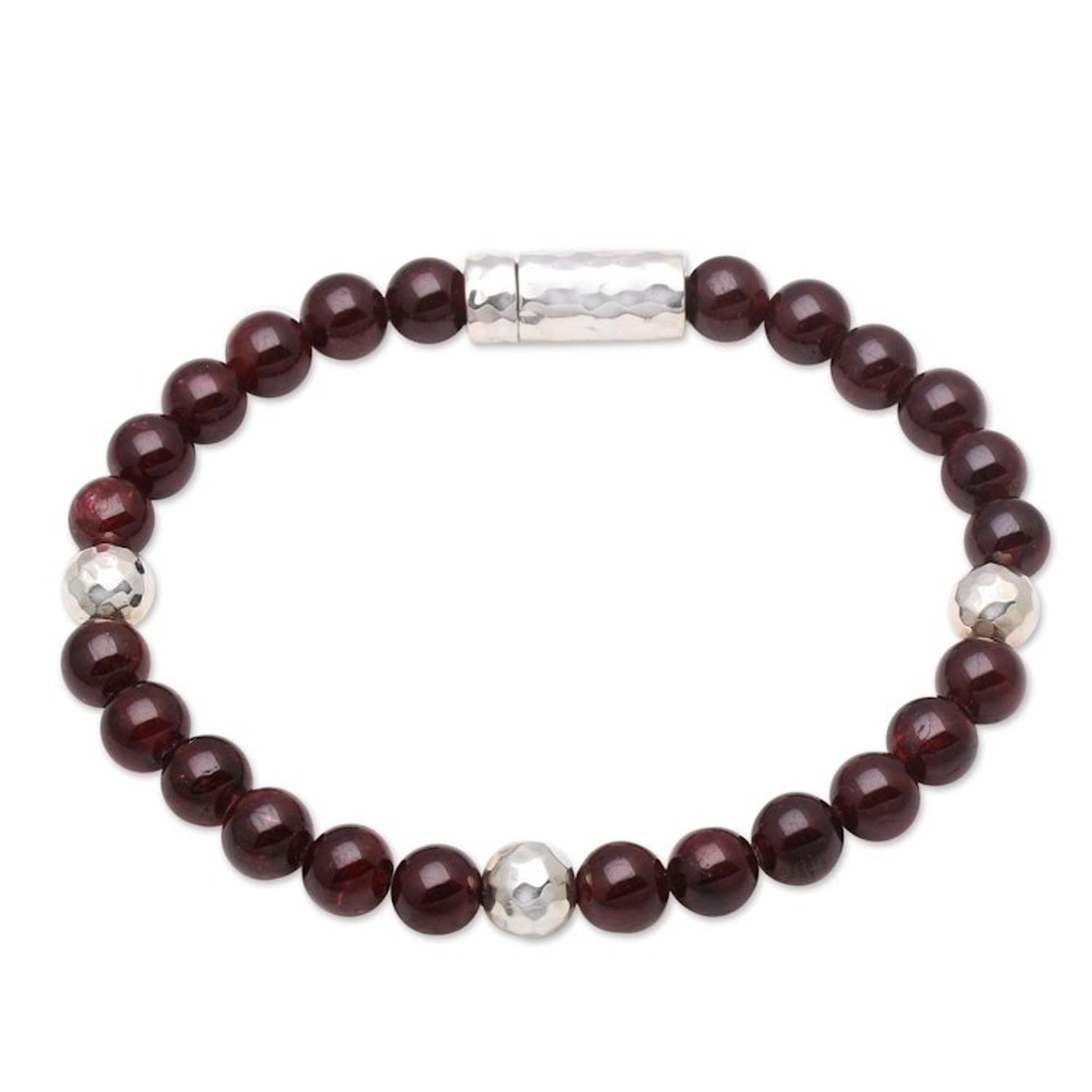 Garnet and Hammered Silver Beaded Bracelet from Bali 'Hammered Beauty'