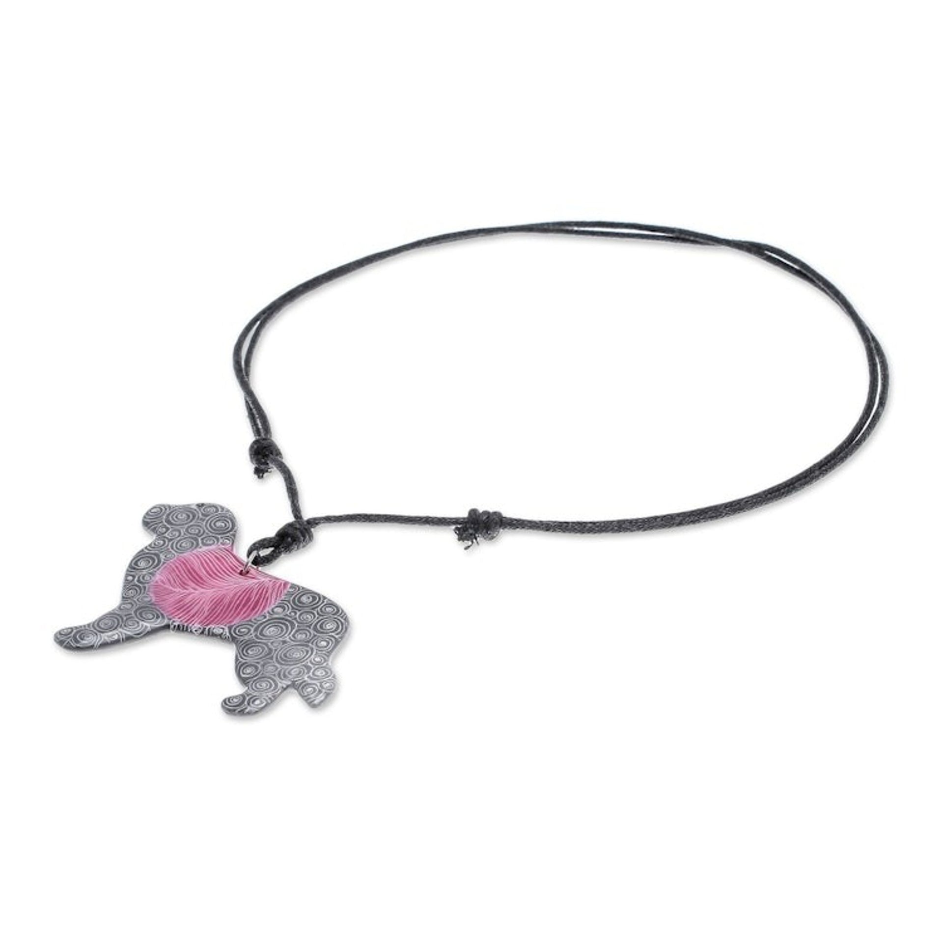 Ceramic Dog Pendant Necklace with Purple Painted Motifs 'Cosmic Dog'