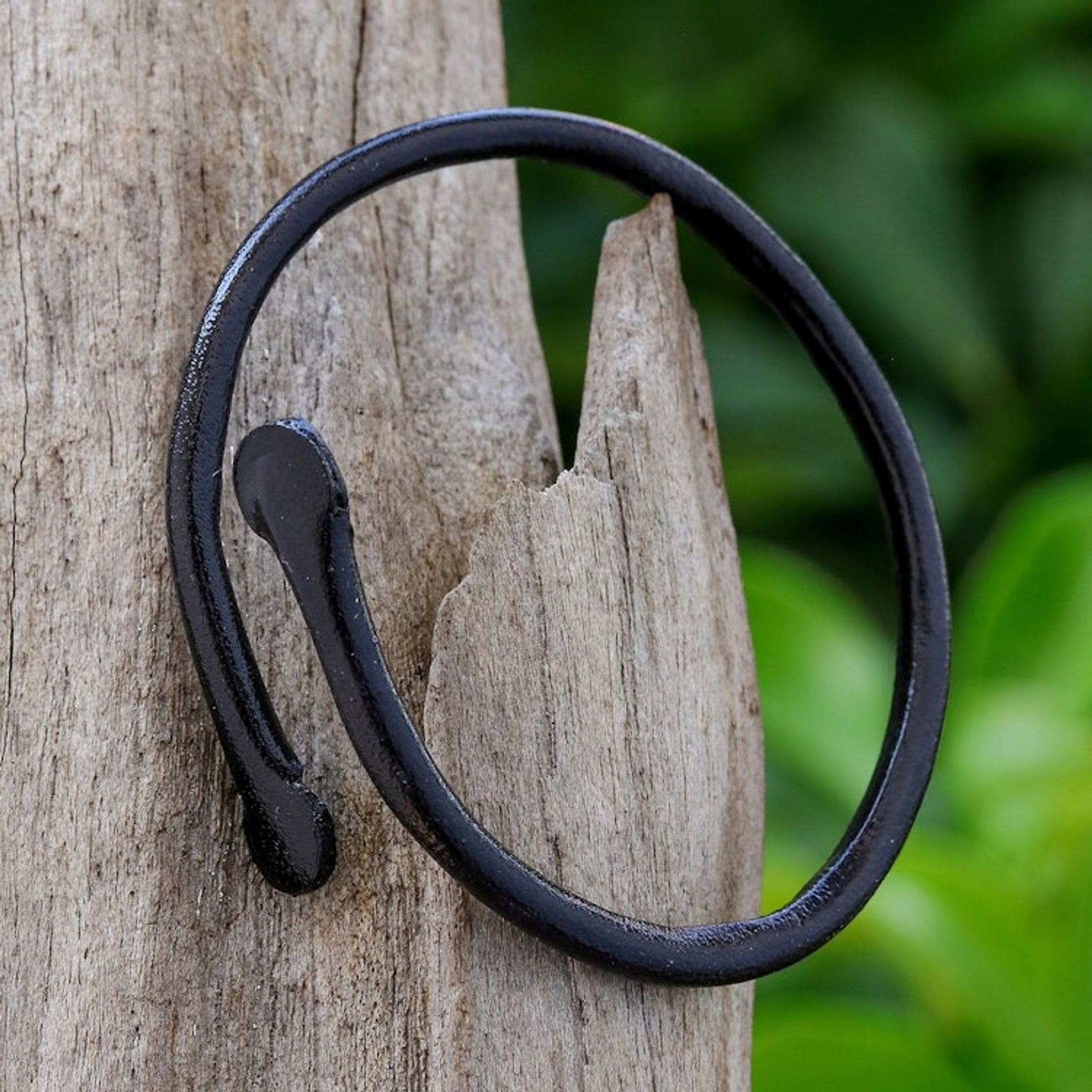 Unisex Black Dyed Leather Cuff Bracelet Handmade in Thailand 'Young Bud in Black'