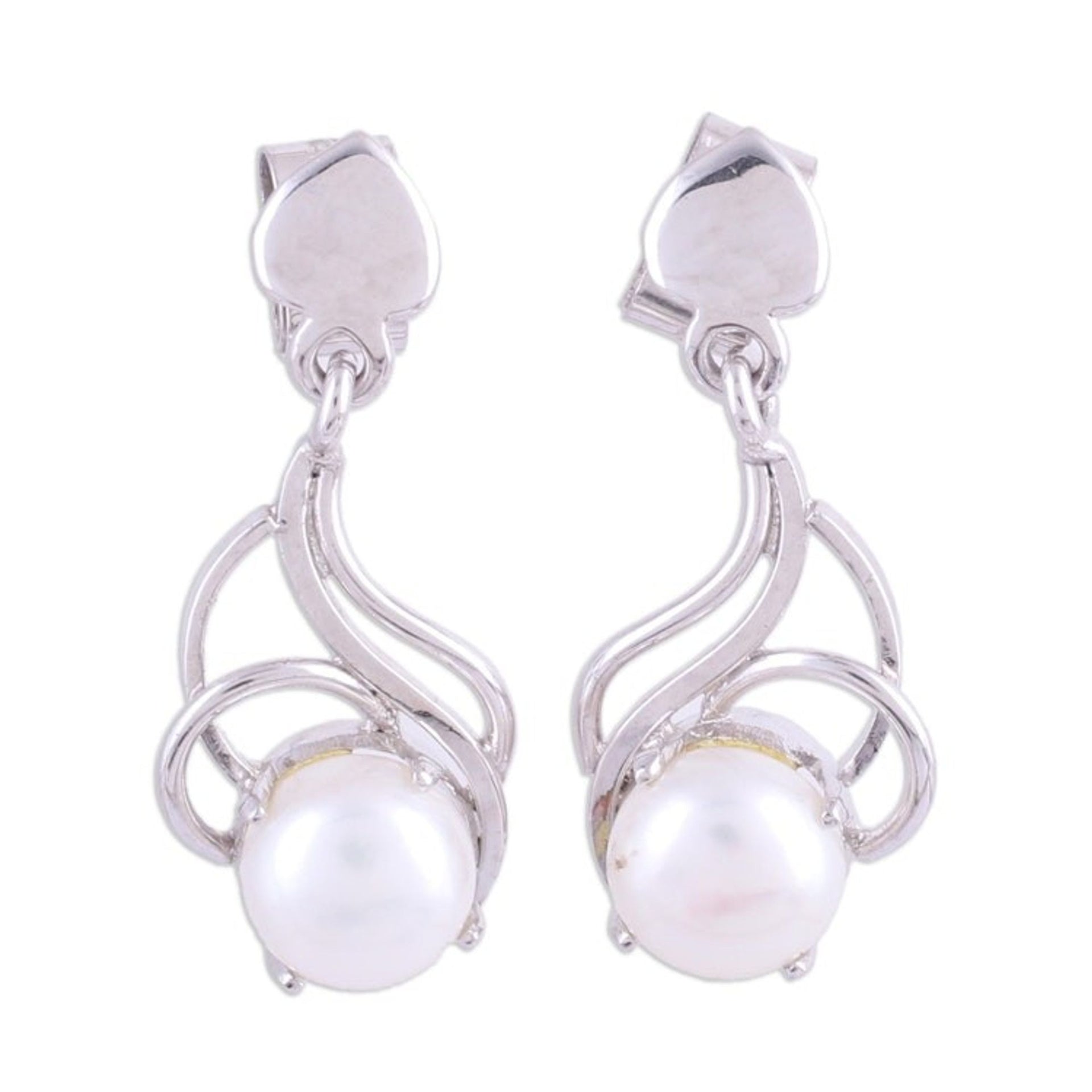 Rhodium Plated Cultured Pearl Dangle Earrings from India 'Graceful Purity'