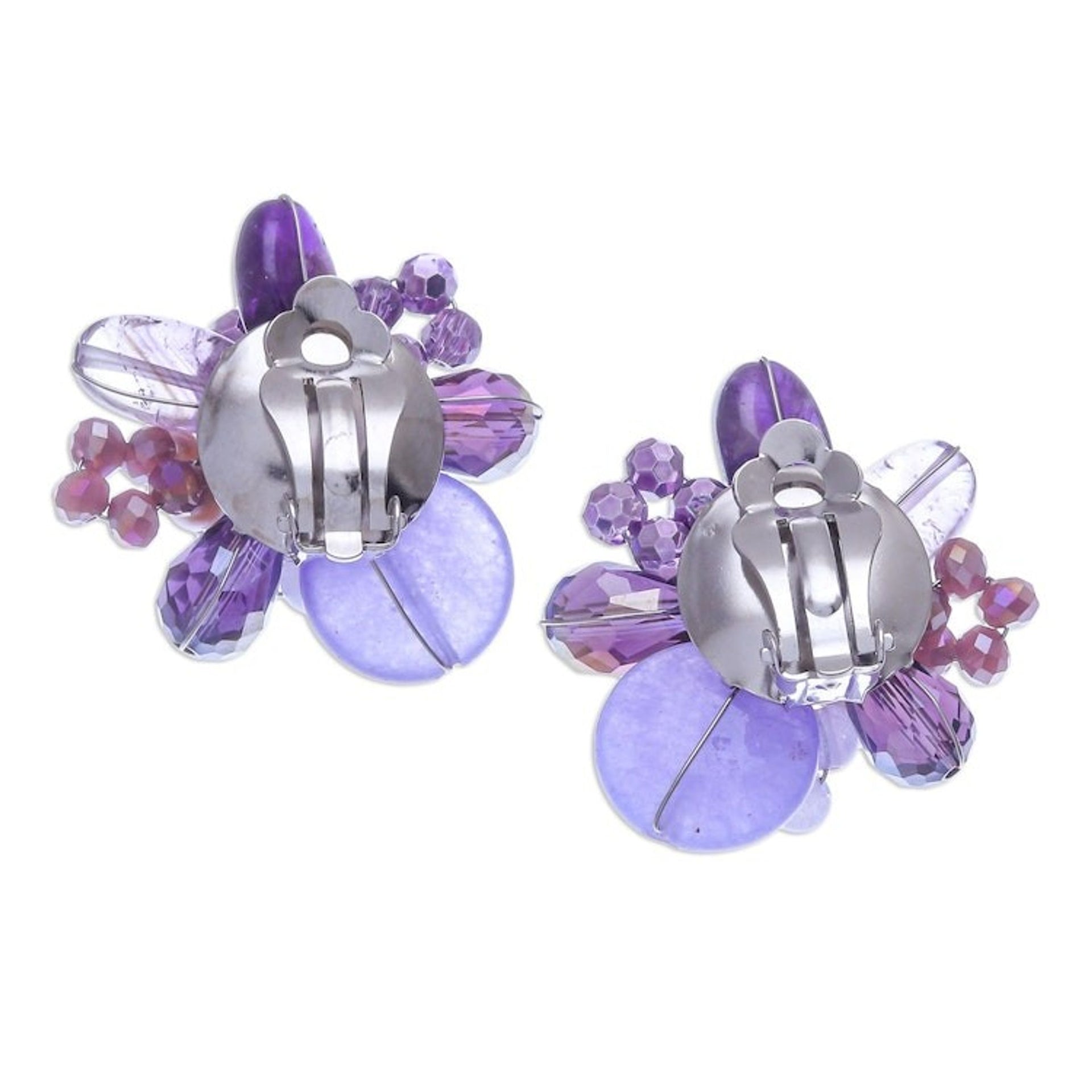 Amethyst and Cultured Pearl Cluster Clip-On Earrings 'Solaris in Purple'