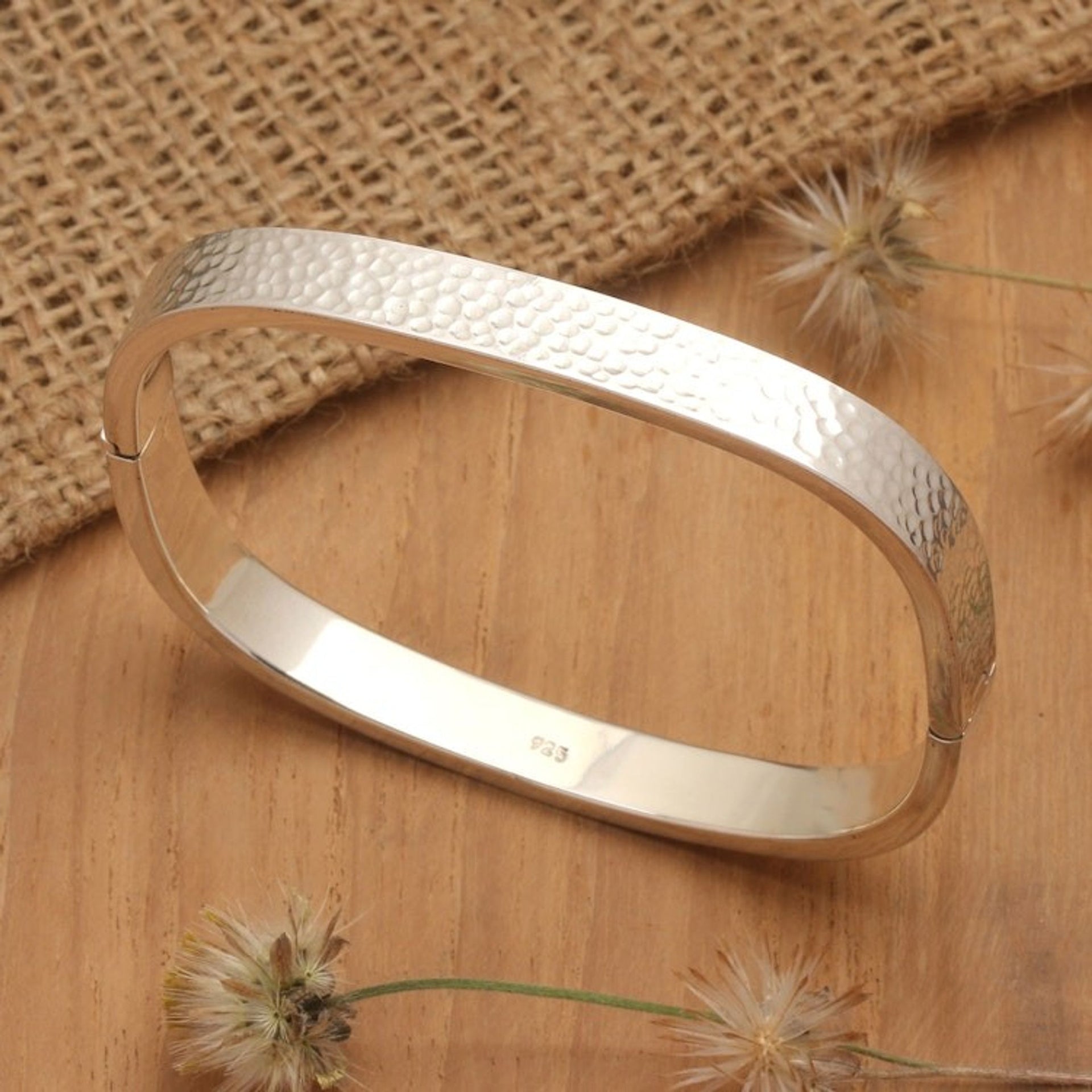 Hammered Sterling Silver Bangle-Style Wristband Bracelet 'Textured Rectangle'