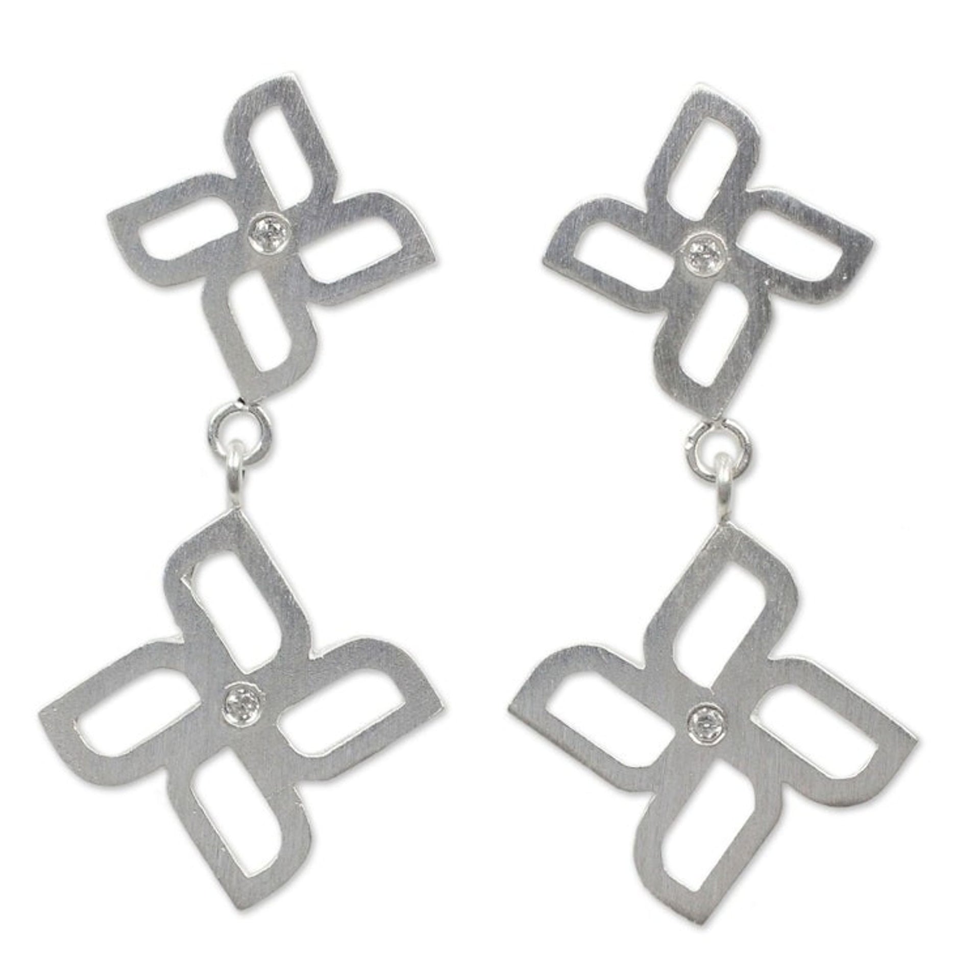 Brushed Silver Dangle Earrings with White Topaz Gemstones 'Playful Pinwheel'