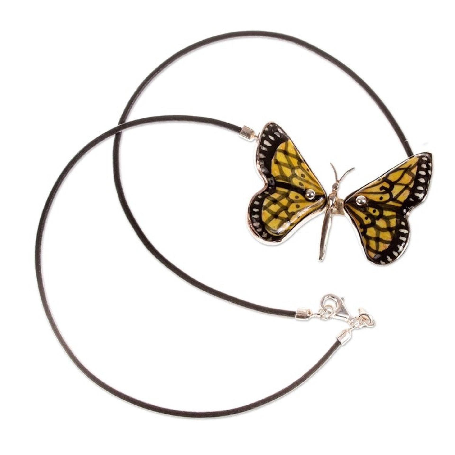 Yellow Ceramic Sterling Silver Butterfly Pendant Necklace 'Gold Metamorphosis'