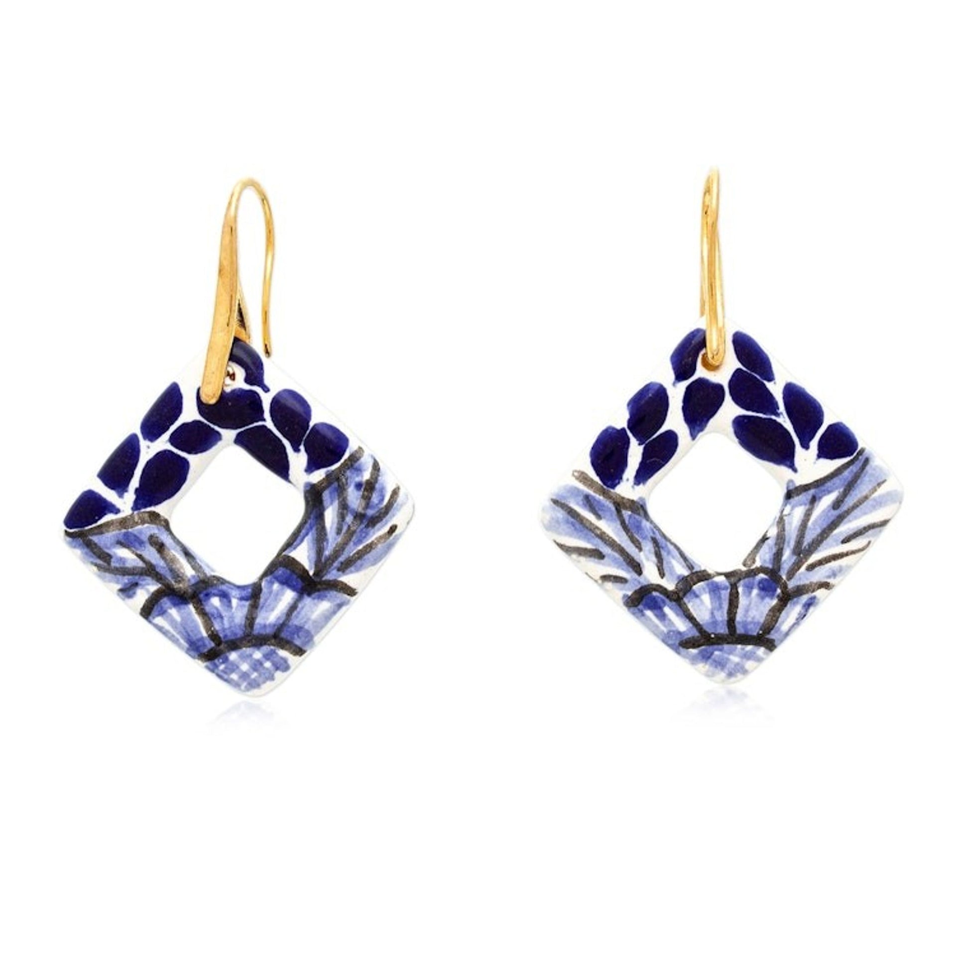 Leafy Diamond-Shaped Blue Ceramic Talavera Dangle Earrings 'Cobalt Blue Diamonds'