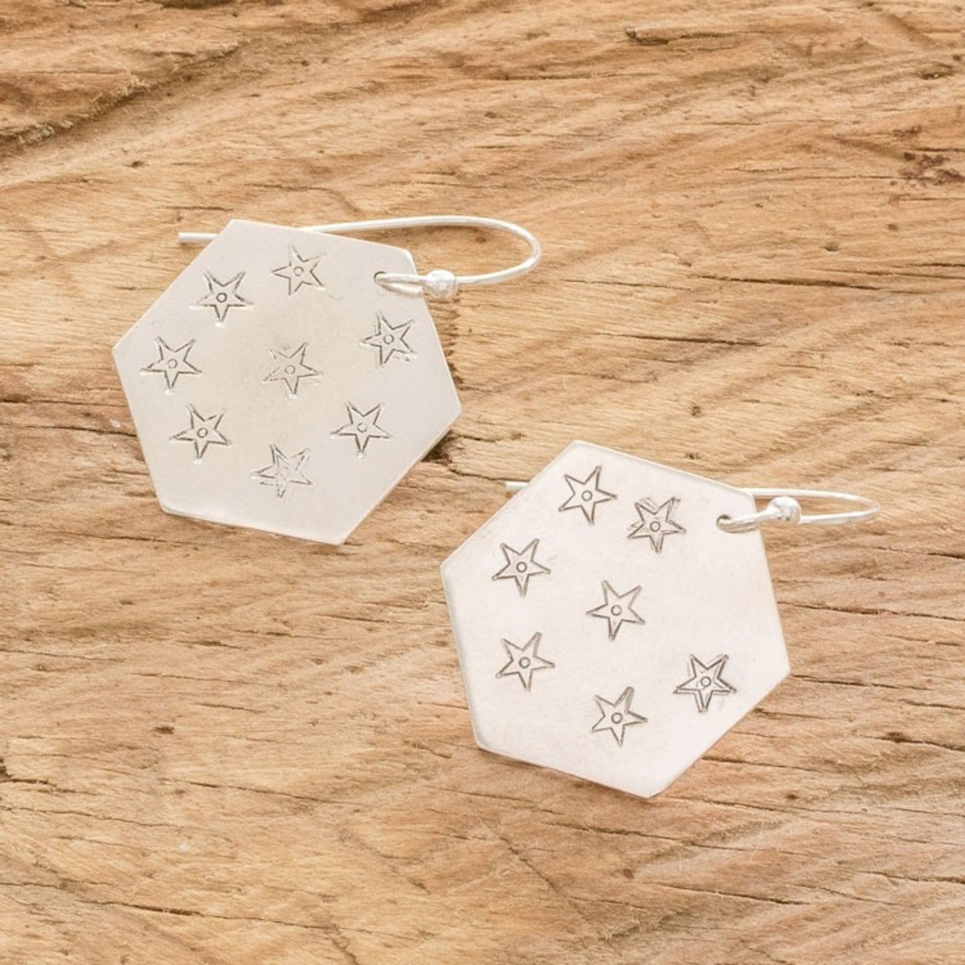 Star and Geometric Themed Sterling Silver Dangle Earrings 'Hexagon of Stars'